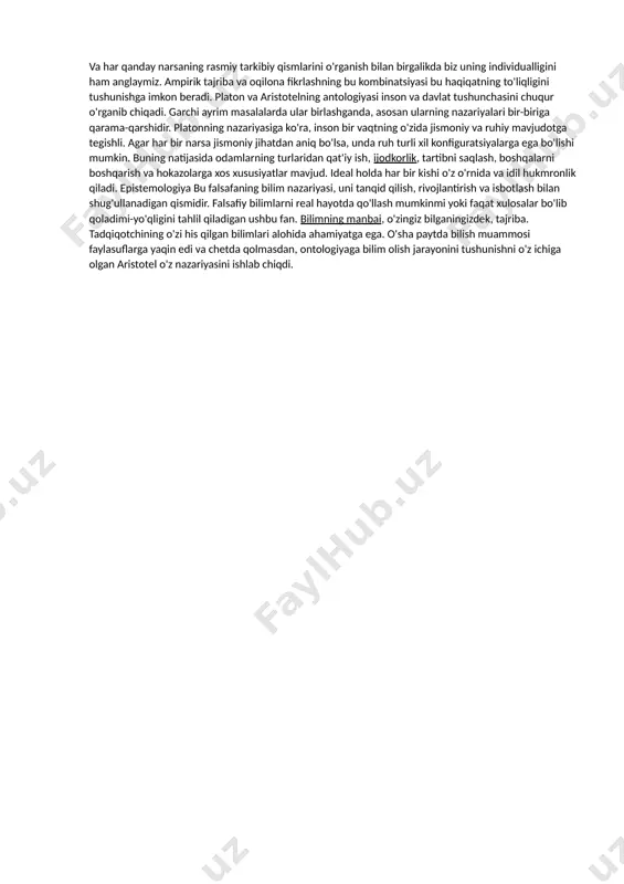 a haqida so'z", "fizika usullari haqida kitob", "fazilatli xulqlar", "fozil shahar aholisining fikrlari", "jismlar va aksidensiyalarning ibtidosi haqida", "aristotel "metafizika" kitobining maqsadi to'g'risida" va boshqalar forobiy borliq muammosini "vujudi vojib" va "vujudi mumkin ta'limotidan kelib chiqqan holda tushuntiradi. uningcha, "vujudi vojib" barcha mavjud yoki paydo bo'lishi mumkin bo'lgan narsa, jism va moddalarning birinchi sababchisidir. forobiy allohga birinchi sabab, birinchi mohiyat, deb ta'rif beradi. alloh birinchi sabab sifatida boshqa sabab va turtkiga muhtoj emas. u yaratadi, lekin boshqa narsalar tomonidan yaratilmaydi. "vujudi mumkin" esa barcha yaratilgan, mavjud bo'lgan va yaratilajak narsa va ashyolarni anglatadi. forobiy tabiat, ashyo va jismlarning turli shakllari muayyan izchillik va zaruriyat bo'yicha yuz beradigan tadrijiy jarayonlar asosida paydo bo'ladi, deb hisoblaydi. butun mavjudotni sabab-oqibat nuqtai nazaridan 6 daraja (sabab)ga bo'ladi: alloh — birinchi sabab, ikkinchi sabab esa osmon jismlari, so'ng faol aql, jon (an-nafs), shakl (as-surat), podda yoki ashyolar (al-modda). alloh—vojibul vujud, ya'ni zaruriy mavjudlik bo'lsa, qolganlari …