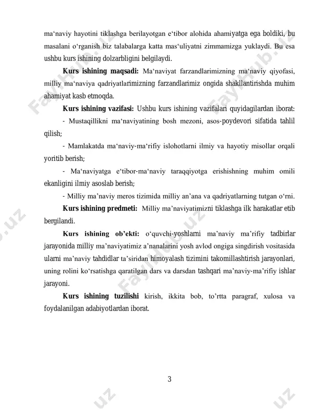 viy-ma’rifiy ishlar jarayoni. kurs ishining tuzilishi kirish, ikkita bob, to’rtta paragraf, xulosa va foydalanilgan adabiyotlardan iborat. 4 i bob. milliy ma’naviyatimizni tiklashga ilk harakatlar. 1.1 mustamlakachilik davrida milliy an’analarning qadrsizlanishi va uning milliy ma’naviyatimizga zidligi chorizm tomonidan turkistonda o‘tkazilgan siyosat, afsuski, o‘zbekistonda oktabr inqilobidan keying davrda ham o‘ziga xos usulda davom etdi. sobiq sssr markaziy organlari og‘izda milliy respublikalarni har tomonlama rivojlantirish haqida gapirib, amalda esa ularning haqiqiy ehtiyojlarini va manfaatlarini oyoqosti qildilar. zo‘ravonlikka asoslangan ma’muriy – buyruqbozlik tizimi, totalitar markaz o‘z qo‘lidagi cheksiz hokimiyatni ishga solib, respublikalarning mustaqilligini, fuqarolarning eng oddiy haq-huquqlarini ham kamsitib qo‘ydi. o‘z vaqtida islom karimov ta’kidlanidek “... bizga zarba bo‘lib tushgan eng og‘ir tanglik iqtisodiy emas, balki ma’naviy tanglikdir. asrlar mobaynida qaror topgan ahloqiy ma’naviy qadriyatlarni g‘oyaviy qarashlarga qurbon qilish oqibatlarini bartaraf etish iqtisodiyotni tartibga keltirishdan ko‘ra ancha mashaqqatli bo‘ladi”. mustabid tuzum oliy qadriyat hisoblanuvchi – inson va uning hayotiga ham jiddiy xavf slogan edi. …