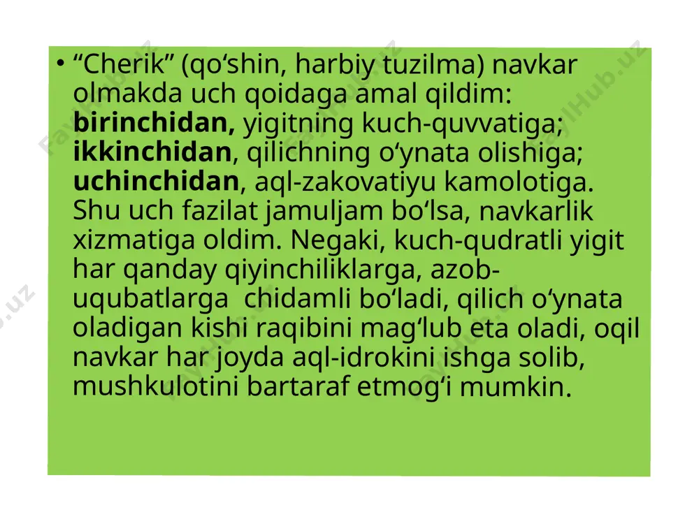 hundaki, u qalbni yuksaltiradi va uni yanada ezgu ishlarga moyil qiladi. hikmat qanoat – harom bilan halolning chegarasini belgilaydigan vijdon qozisi. insonning eng katta dushmani — bu uning nafsi. mahmud zamaxshariy pora faqat nohaqlig-u zolimlarga yordam beruvchidir. n. viner axborot – bu bizning tashqi dunyoga moslashish jarayonida undan oladigan ma’lumotlarni o‘zida ifoda etadigan tushunchadir. a. smit soliqlar ularni to‘lovchi shaxslar uchun qullik emas, balki ozodlik alomatidir. gyote qonun qudratli, biroq ehtiyoj yanada kuchliroq. kubro vaqtni «essiz», «qaniydi», «koshkiydi» lar bilan o‘tkazgan kishining umri eng qisqa umr ekan. paulo koelyo inson ixtiro qilgan vayronkor qurollar orasida so‘z eng xatarli va kuchli qurolligicha qolmoqda. mualliflik huquqi buzilmasin! tuzuvchi: @orifjonov_behnurbek telegram kanal: @huquqrasmiy