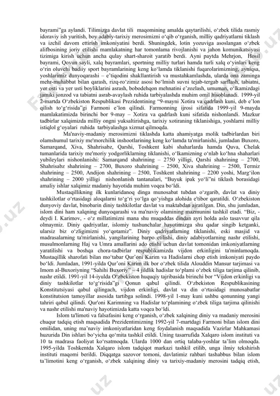 lashda katta yutuq bo‘ldi. vatanimiz ozodligi yo‘lida shahid ketgan abdulla qodiriy, cho‘lpon, fitrat, behbudiy, usmon nosir va boshqa allomalarimizning hurmati o‘z joyiga qo‘yildi va ma'naviy meroslari xalqimizga qaytarildi. buyuk ajdodlarimiz tavalludlarining yirik sanalarini nishonlash ham xalqimizning ulug‘vor an'analariga aylanmoqda. jumladan, istiqlol yillarida alisher navoiy (1991), zahiriddin bobur (1993), feruz (1995) kabi buyuk ajdodlarimizning tavallud kunlari, shuningdek, mirzo ulug‘bekning 600 yillik (1994), amir temurning 660 yillik (1996), ahmad farg‘oniyning 1200 yillik (1998), jalolliddin manguberdining 800 yillik (1999), kamoliddin behzodning 545 yillik (2000), islom olamining donishmandlari, mutafakkirlari imom buxoriy tavaluddining 1225 yilligi, imom termiziyning 1200 yilligi, abu mansur moturidiyning 1130 yilligi, mahmud zamaxshariyning 920 yilligi, xoja abdulxoliq g‘ijduvoniyning 900 yilligi, najmiddin kubroning 850 yilligi, burhoniddin marg‘inoniyning 910 yilligi, bahovuddin naqshbandning 675 yilligi, xoja ahror valiyning 600 yilligi yubileylariga bog‘liq tadbirlar nafaqat o‘lkamizda, balki yunesko homiyligida xalqaro doiralarda nishonlanishi vatandoshlarimizda milliy faxr tuyg‘ularini kuchaytirdi. buyuk allomalarimiz yubileylari munosabati bilan ularning o‘nlab noyob asarlari …