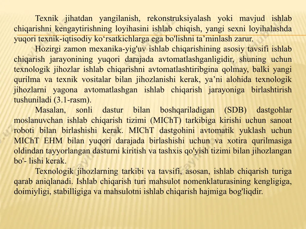 3-yog‘ochga ishlov berish; 4-ikkinchi termik; 5-mexanika; 6-payvandlash; 7-yig‘uv; 8-bo'yash; 9—sinash shoxobchasi; ed yordamchi sexlar; i-modellar; 2 asbobsozlik; 3-ta mirlashmexanika; 4-ta'mir!ash-quriiish; 5-tara; energetik qurilmalari: î-issiq!ik eiektr markazi (iem); 2-gazogt'iierator shoxabchasi; 3-markaziy qozonxona. ishlab chiqarish turini aniqlash uchun operatsiyalarning birikish koeffitsiyentidan foydalaniladi: k„b_ = nni,0 ’j, bu yerda, nop - turli texnologik operatsiyalar soni. bu operatsiyalar bir oy davomida bo lim yoki sexda bajarilgan yoki bajarilishi kerak; j -sex yoki bo'limdagi ish joylari soni. ishlab chiqarish turiga qarab operatsiyalar bilan yuklanish koeffitsiyentining qiymatlarini quyidagicha tavsiya qilinadi: yakka tartibli ishlab chiqarishda - 40 dan ortiq, mayda seriyali ishlab chiqarishda - 20 dan 40 gacha; o‘rta seriyali ishlab chiqarishda - 10 dan 20 gacha, yirik seriyali ishlab chiqarishda -1 dan 10 gacha, ommaviy ishlab chiqarishda - 1 ga teng bomadi. ishlab chiqarish jarayonini intensifikatsiyalash ishlab chiqarish jarayonlarini intensifikatsiyalash deganda, ishlov berish yoki yig‘ish parallel yoki parallel ketma-ket holda bajarilishiga tushuniladi. bunda ko’p asbobl. yoki …