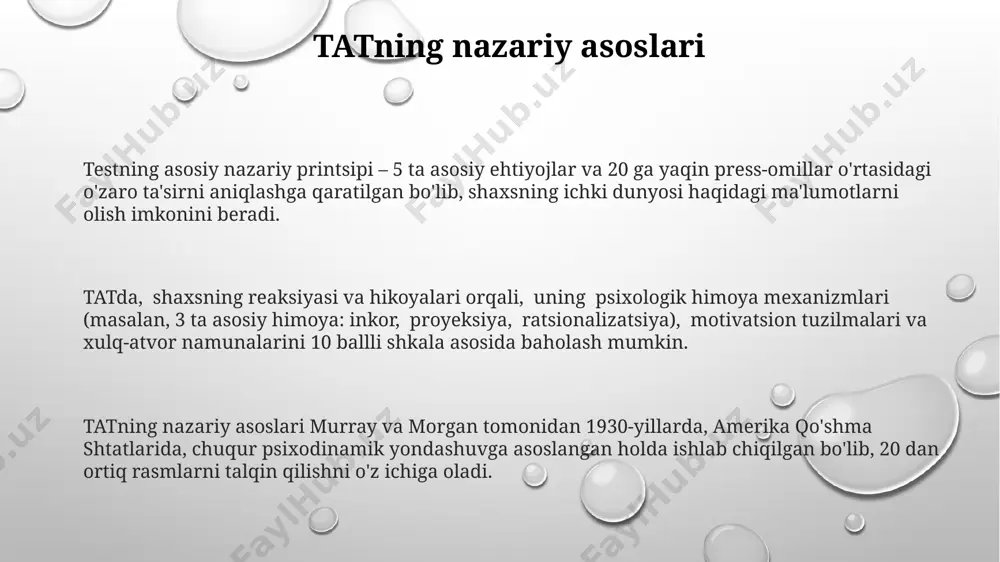 sh uchun qo'llaniladi. tatning afzalliklari va kamchiliklari tat ning afzalliklari, masalan, 20 dan ortiq kartalar orqali shaxsning chuqur psixologik ehtiyojlarini, 5 yoshdan 70 yoshgacha bo'lgan kishilarga nisbatan qo'llanilishi va psixologik tahlil uchun boy ma'lumotlar taqdim etishi, amerika qo'shma shtatlarida keng qo'llanilishini o'z ichiga oladi. tat ning kamchiliklari orasida subyektiv talqin, natijalarni ob'ektiv baholashning murakkabligi va turli madaniyatlarda (masalan, yaponiya va braziliya) turlicha natijalar berishi kiradi, bu esa 10 dan ortiq psixologlar orasida muhokamalarga sabab bo'ladi. tat ning amaliy qo'llanilishi, masalan, klinik psixologiya va kasbiy tanlashda foydalanishi bilan bir qatorda, interpretetatsiya qilishda yuqori malakali mutaxassislarni talab qilishini va 30 daqiqadan ortiq vaqtni talab qilishini hisobga olish kerak. e'tiboringiz uchun rahmat @taqdimot_robot image1.png image2.png image3.png