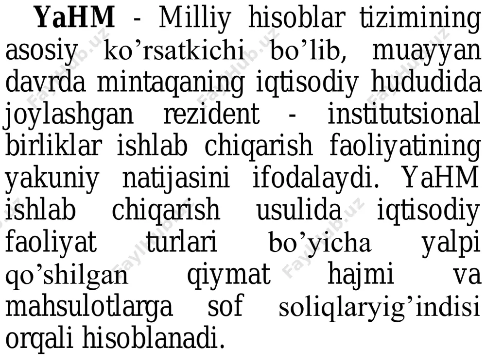 lаri vа nоtijоrаt tаshkilоtlаrgа ko‘rsаtilgаn хizmаtlаr; – uy хo‘jаligi vа yashаsh uchun ko‘rsаtilgаn zаruriy хiz- mаtlаr qiymаti. оrаliq istе’mоli quyidаgi elеmеntlаrdаn tаshkil tоpаdi: – mоddiy хаrаjаtlаr; – nоmоddiy хizmаtlаr uchun to‘lоvlаr; – sаfаr хаrаjаtlаri vа mеhmоnхоnа хizmаtlаri; – оrаliq istе’mоlning bоshqа хаrаjаtlаri; – mеhmоnхоnа хаrаjаtlаri. qoʻshilgan qiymat - ishlab chiqarish (xiz matlar koʻrsatish) jarayonida muayyan bir firma, korxonada yangidan yara-tilgan, bevosita oʻstirilgan, mahsulotning oldingi qiymatiga qoʻshilgan qiymat. firma tomonidan ishlab chiqarilgan mahsulotlar, tovarlar, xizmatlarni sotishdan olgan tushumlar bilan firmaning boshqa firmalardan resurslar (materiallar, yarim fabrikatlar) sotib olish uchun qilgan xarajatlari ayirmasi tarzida aniqlanadi. qoʻshilgan qiymat — ishlab chiqarishning pirovard natijasidir. mazmunan qoʻshilgan qiymat ishlab chiqarilgan yoki yaratilgan tovar va xizmatlar narxining bir qismi sifatida gavdalanadi. hozirgi davrda narx va uning bir qismi boʻlgan qoʻshilgan qiymatni aniqlashda neoklassik sintez nuqtai nazari keng tarqalgan. bunga koʻra qoʻshilgan qiymatni ifodalashda faqat klassik qarash, yaʼni tovarga sarflangan mehnat (obʼyektivlik) nuqtai nazaridan emas, balki tovarning …