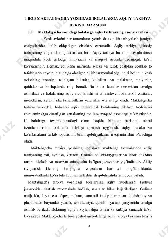 aoliyat jarayonida, dastlab muomalada boʼlish, narsalar bilan bajariladigan faoliyat natijasida, keyin esa oʼquv, mehnat, samarali faoliyatlar: rasm chizish, loy va plastilindan buyumlar yasash, applikatsiya, qurish - yasash jarayonida amalga oshirib boriladi. bolaning aqliy rivojlanishga taʼlim va tarbiya samarali taʼsir koʼrsatadi. maktabgacha tarbiya yoshidagi bolalarga aqliy tarbiya berishni toʼgʼri tashkil etish uchun ularning aqliy rivojlanish qonuniyatlari va imkoniyatlarini bilish kerak. аqliy tarbiyaning vazifasi uning mazmuni, metodi va tashkil etilishiga qarab belgilanadi. pedagogika va psixologiya fani aqliy tarbiya berish vazifalarini samarali hal etishda, bir tomondan, bolaning imkoniyatlaridan unumli foydalanish, ikkinchi tomondan, bola organizmning umumiy charchashiga sabab boʼlishi mumkin boʼlgan ortiqcha toliqtirish boʼlmasligi yoʼllarini topish uchun maktabgacha tarbiya yoshidagi bolalarning aqliy rivojlanishi qonuniyatlari va imkoniyatlarini oʼrganish bilan shugullanadi. keyingi yillarda olib borilgan psixologik- pedagogik tadqiqotlarning natijalari maktabgacha tarbiya yoshi davrida bolalarning aqliy rivojlanishida juda katta imkoniyatlar mavjudligini koʼrsatdi. bularning hammasi maktabgacha tarbiya yoshidagi bolalarga beriladigan bilim malaka va koʼnikmalar mazmunini yanada chuqurlashtirish, hajmini …