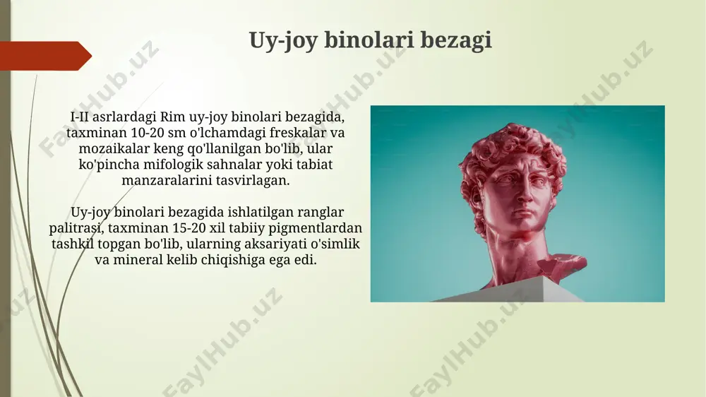 asshtabli modellar va anatomik atlaslardan foydalanishgan. 1-2-asr rim haykaltaroshligida marmar, bronza va travertin kabi materiallar keng qo‘llanilgan bo‘lib, ularni o‘ymakorlik, quyish va yig‘ish texnikalari yordamida qayta ishlash orqali murakkab kompozitsiyalar yaratilgan. rim san'atining xususiyatlari rim san'atining 1-2-asrlaridagi haykaltaroshlik asarlari, odatda, realizmga yaqin bo'lib, inson tanasining anatomik tuzilishiga 20 dan ortiq tafsilotlar bilan e'tibor qaratilgan. freskalar va mozaikalar kabi devor rasmlari, 1-2-asrlarda geometrik va tabiiy naqshlar bilan bezatilgan bo'lib, taxminan 50 dan ortiq ranglardan foydalanilgan. freskalar va mozaikalar 1-2-asrlar rim freskalari va mozaikalarida tabiat manzaralari, jumladan, murakkab geometrik naqshlar va 20 dan ortiq turdagi ranglarning qo‘llanilishi bilan ajralib turadi. rim mozaikalarida, ayniqsa, 1-asrda, kubik shaklidagi mayda toshlardan (tesserae) yasalgan murakkab, 50000 dan ortiq detalga ega bo‘lgan asarlar yaratilgan. e'tiboringiz uchun rahmat @taqdimot_robot image1.jpg image2.jpg image3.jpg image4.jpg image5.jpg image6.jpg image7.jpg image8.jpg image9.jpg image10.jpg image11.jpg image12.jpg