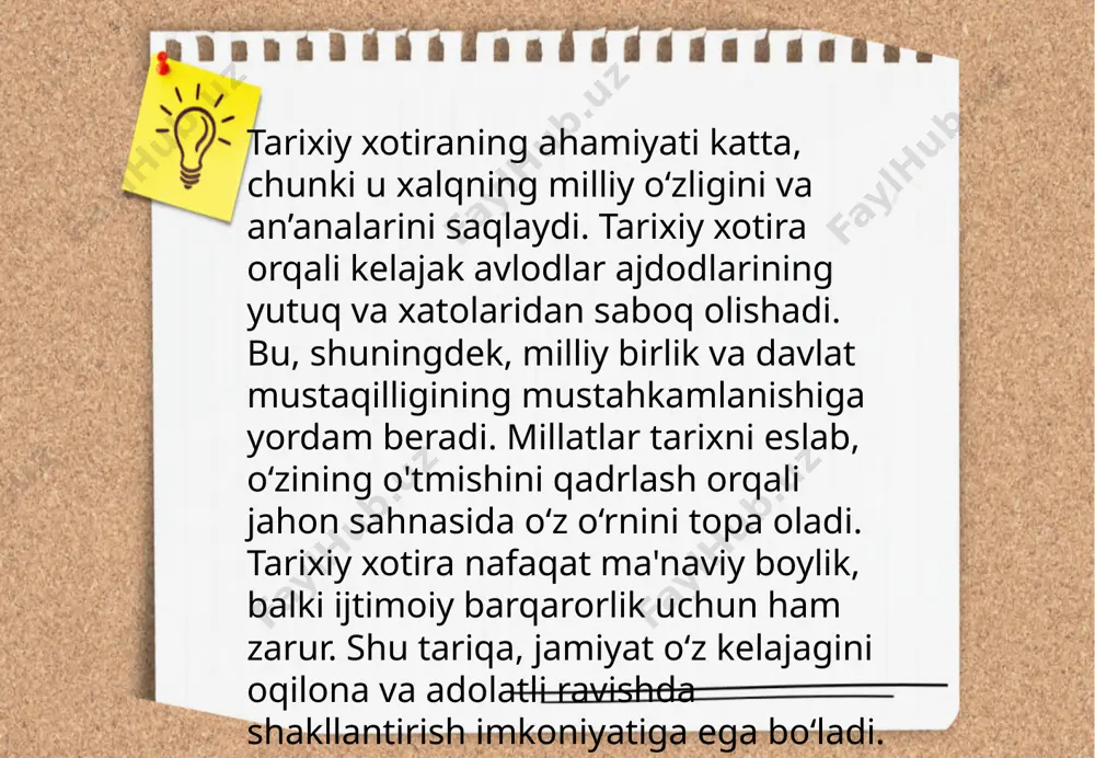 ga olib keldi. tarixiy obidalar va solnomalar milliy ongni kuchaytirishda va kelajak avlodlarga o'z an'ana va qadriyatlarni yetkazishda muhim rol o'ynaydi. tarixiy xotirasiz kelajak yo‘q i.karimov asariga taqdimot begmatova mahbuba 77/21-guruh talabasi iv bosqich e'tiboringiz uchun raxmat! image1.jpeg image2.png image3.jpeg image4.jpeg image5.jpeg image6.jpeg image7.jpeg image8.jpeg image9.jpeg