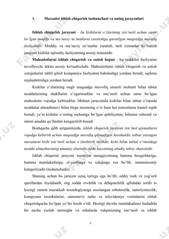 t ko’rsatish sohalariga bo’linadi. moddiy ishlab chiqarish sohalarida (sanoat, qishloq xo’jaligi, qurilish va boshqalar) zaruriy moddiy ne’matlar yaratiladi, xizmat ko’rsatish sohalarida esa turli xil ma’naviy ne’matlar yaratiladi va xizmatlar ko’rsatiladi. bu ikki soha bir-biri bilan chambarchas bog’langan holda rivojlanadi va bir-biriga ta’sir ko’rsatadi. respublika milliy iqtisodiyotida tovarlar ishlab chiqarish va xizmat ko’rsatish sohalarining yaimdagi mutloq miqdori va nisbiy ulushi quyidagi ma’lumotlar bilan tavsiflanadi (1-jadval). 1-jadval respublika yaimda tovarlar va xizmatlar ulushi (joriy narxlarda)* ko’rsatkichlar 2005 yil 2006 yil mlrd. so’m % mlrd. so’m % yalpi ichki mahsulot 15923,4 100,0 20759,3 100,0 shu jumladan: ishlab chiqarilgan tovarlar qiymati 8361,6 52,4 10660,4 51,3 ko’rsatilgan xizmatlar qiymati 5871,7 37,0 8197,7 39,5 sof soliqlar 1690,1 10,6 1901,2 9,2 * manba: o’zbekiston respublikasi dsq: yillik statistik to’plam, 2007. -33s. moddiy ishlab chiqarish sohasi o’z navbatida ikki bo’linmadan — birinchi va ikkinchi bo’linmalardan iborat bo’ladi. birinchi bo’linmada ishlab chiqarish va xizmat ko’rsatish korxona va tashkilotlarining ishlab …
