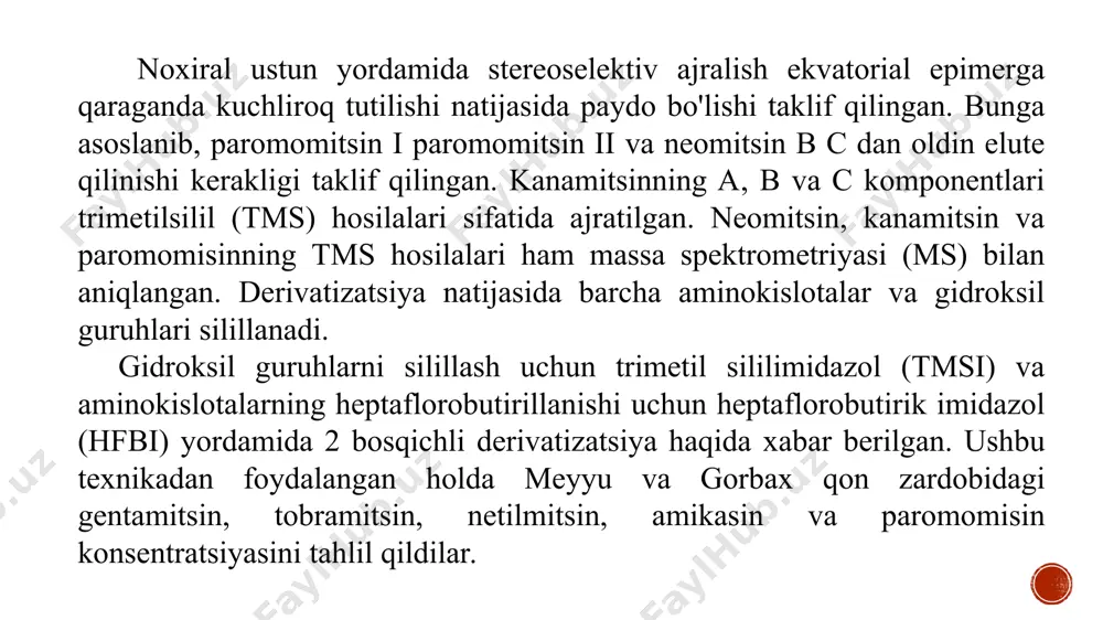 entamitsinlarning ajralishi c-6' da aminning funksionalligiga asoslanadi. derivatizatsiyadan so'ng o'xshash aminokislotalarga ega bo'lgan komponentlar (c1a va c2), hnr2, nr3 aminokislotasini o'z ichiga olgan gentamitsin komponenti c1 oldidan birga elute qilinadi. uch gentamitsin komponenti mos ravishda asetonitril-tris yoki metanol-etilendiamin tetraasetik kislota (edta)-suv harakatchan fazalari yordamida c8 yoki c18 ustunlarida opa hosilalari sifatida ajratiladi. ushbu tadqiqotlarda gentamitsinning turli tarkibiy qismlarini aniqlash alohida komponentlar standartlariga asoslanadi, ammo hosilalarning tuzilishi muhokama qilinmaydi. ajablanarlisi shundaki, gentamitsin komponentlarining elutsiya tartibi c8 ustunli c1a, c2 va c1, lekin c18 ustunli c1, c1a va c2. saqlash mexanizmi muhokama qilinmaydi. gentamitsin c1 ning boshqa gentamitsin komponentlariga nisbatan saqlanishi alohida qiziqish uyg'otadi, chunki opa hosilasi sifatida u boshqa komponentlarga qaraganda bitta hosilalanadigan aminni kamroq o'z ichiga oladi. olingan c1 komponenti boshqa komponentlarga qaraganda ancha kichikroq va bitta asosiy ikkilamchi aminga ega. gentamitsin c1 komponentining saqlanishi boshqa komponentlarga qaraganda mobil faza ph o'zgarishiga ko'proq sezgir bo'lib, mobil fazaning ph darajasi oshganda …