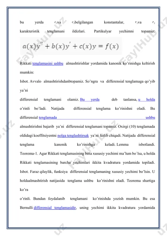 ing umumiy xossalari va xususiy yechimi haqida ma’lumot beradi. integral chiziq: birinchi tartibli differensial tenglamalarni yechishda integral chiziqni topish kerak. bu chiziq tenglamani yechish uchun yordam beradi. hosilaga nisbatan yechilmagan tenglamalar: koshi masalasi, birinchi tartibli differensial tenglamalarning hosilaga nisbatan yechilmagan variantini topishni talab qiladi. mavjudlik va yagonalik teoremasi: yechimning mavjudligi va yagonaligi haqida teorema bilan tanishish kerak. image4.jpeg image5.png image1.png image2.png image3.png