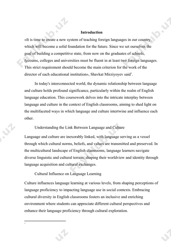 ts can develop a broader perspective and enhance their language skills. the tasks of the paper we set ourselves the following tasks: · understanding cultural nuans · appreciating diversity · enhancing communication · fostering cross-cultural understanding the theoretical value of the work understanding that language is not just a means of communication, but also a reflection of cultural beliefs, values, and practices. by exploring how language shapes and is shaped by culture, individuals can gain insight into the complexities of human interaction, identity, and social dynamics. this interrelationship highlights the importance of cultural context in language use and interpretation, emphasizing the need for nuanced and respectful communication across diverse cultural contexts. ultimately, recognizing the interplay between language and culture can lead to a deeper appreciation of cultural diversity, foster cross-cultural understanding, and promote social harmony and cooperation in a globalized world. the practical value of the work the ability to …