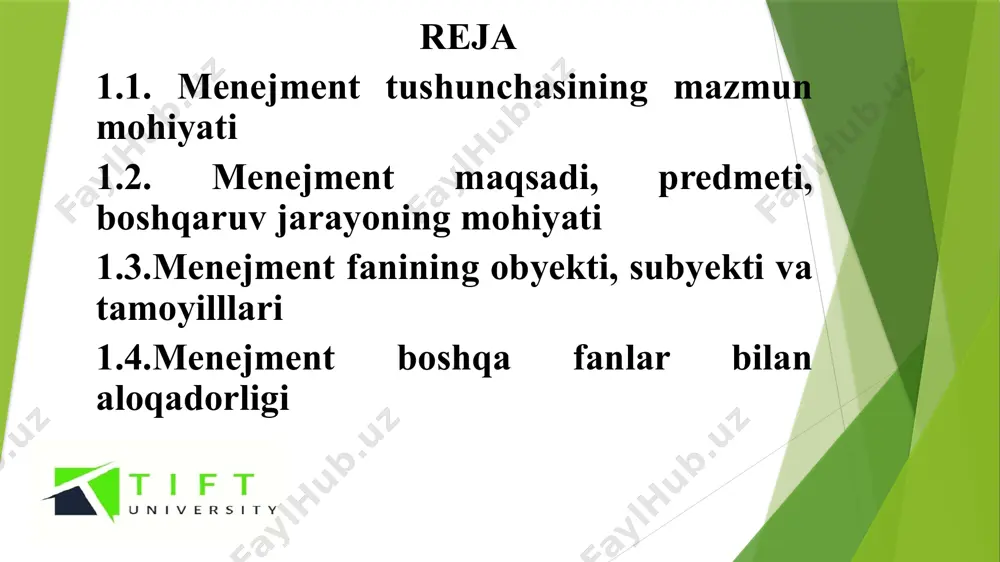 talablariga mos keladigan menejerlarini tayyorlashga chuqurroq yondoshish zaruriyati vujudga keldi. zamonaviy menejerlar faqat menejment asoslari bo'yicha puxta nazariy bilimlarga ega, ularni amaliyotga tadbiq etishni, ishlab chiqarish va boshqarish masalalarini ilmiy asosda bozor talablarini hisobga olgan holda, yecha olishlari zarurdir. menejment – bu inglizcha so‘z bo‘lib, ingliz tilining oksford lug‘atida berilgan ta’rifga binoan u: - boshqaruv hokimiyati va san’ati; - resurslarni boshqarish bo‘yicha alohida mohirlik va ma’muriy ko‘nikmalar tushuniladi. boshqacha so‘z bilan aytganda, menejment – bu boshqaruv, ya’ni resurslarni, odamlarni boshqarish, samarali faoliyat olib borish va foyda olishni bilish, uni ko‘paytirish jarayoni. shu nuqtai nazardan boshqaruv – bu o‘ziga xos yuksak san’at va mahoratni talab qiluvchi tanlov, shu tanlov asosida qaror qabul qilish va uning bajarilishini nazorat qilish. «menejment» fani – bu boshqaruvchiga tanlovni to‘g‘ri amalga oshirishni va oqil qarorni qabul qilishni o‘rgatuvchi fan. uning asosiy maqsadi bozor munosabatlari sharoitida barcha bo‘g‘inlarda samarali ishlay oladigan yuqori malakali boshqaruvchilarni tayyorlashdan iborat. menejment- …