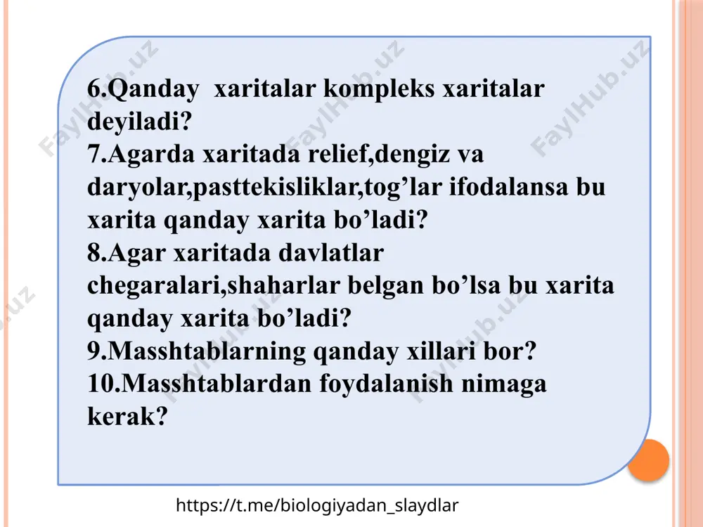 cm ga teng. 3-topshiriq. xarita masshtabi 1:6 000 000, a va b joylar orasidagi haqiqiy masofa 720 km ga teng. xaritada a va b nuqtalar orasidagi masofani toping. 4-guruh uchun masala 2-masala. avstraliya va okeaniyaning tabiiy xaritasida masshtab 1:50 000 000 ga teng. ikki nuqta orasidagi masofa 4 cm ga teng bo‘lsa, ular o‘rtasidagi haqiqiy masofa qancha kilometrga teng? yechilishi. xarita masshtabi 1:50 000 000, xaritadagi 1 cm tashqarida 500 km ga teng: 4 · 500 km = 2000 km. demak, tanlangan ikki nuqta orasidagi masofa 2000 km ga teng ekan. 4-topshiriq. toshkent va samarqand shaharlari orasidagi masofa taxminan 300 km. masshtabi 1:5 000 000 bo‘lsa, xaritada ikki shahar orasidagi masofa qanchaga teng bo’ladi? 1. yechilishi:a) 3*300=900, b) 5*300=1500, d) 10*300=3000 e)15*300=4500. 2. yechilishi: 1 sm da 200 km demak , 6*200=1200. 3. yechilishi: 1 sm da 60 km demak , 720/60=12. 4. yechilishi: 1 sm da 50 km demak …
