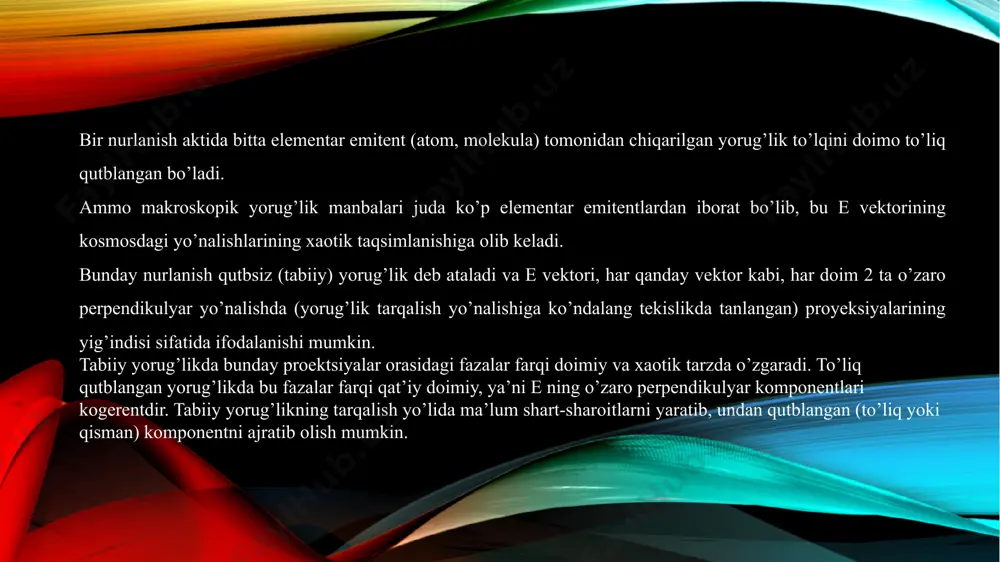 larining interferensiyasining ta’siridan biri yorug’likning xromatik qutblanishi bo’lib, barcha interferentsiya hodisalarining nurlanish to’lqin uzunligiga bog’liqligi bilan bog’liq. bu, xususan, oq yorug’likning interferentsiyasidan kelib chiqadigan interferentsiya naqshining ranglanishida o’zini namoyon qiladi. optik faollik nazariyasining rivojlanishi uning dispersiyasinining bog’liqligini o’rganish bilan chambarchas bog’liq. biot, shuningdek, o’zi o’rgangan holatlarda qanchalik kichik bo’lsa, shuncha katta ekanligini aniqladi. bunday dispersiya deb atalmish uchun xosdir. normal optik faollik-0 to’lqin uzunliklaridan uzoqda, bunda optik faol moddada rezonans yutilish sodir bo’ladi. optik faol moddalar tabiiy optik faollikka ega bo’lgan vositalardir. optik faol moddalar ikki turga bo’linadi. ulardan birinchisiga nisbatan har qanday agregatsiya holatida (qand, kofur, tartarik kislota) optik faol, ikkinchisiga esa faqat kristal fazada (kvars, kinobar) faoldir. birinchi turdagi moddalar uchun optik faollik ularning molekulalarining assimetrik tuzilishi bilan, ikkinchi turdagi moddalar uchun esa kristallning birlik hujayralaridagi molekulalarning (ionlarning) o’ziga xos yo’nalishi bilan bog’liq. kristall panjaradagi zarralarni bog’laydigan kuchlar maydoni). optik faol moddalarning kristallari har doim ikki shaklda mavjud …