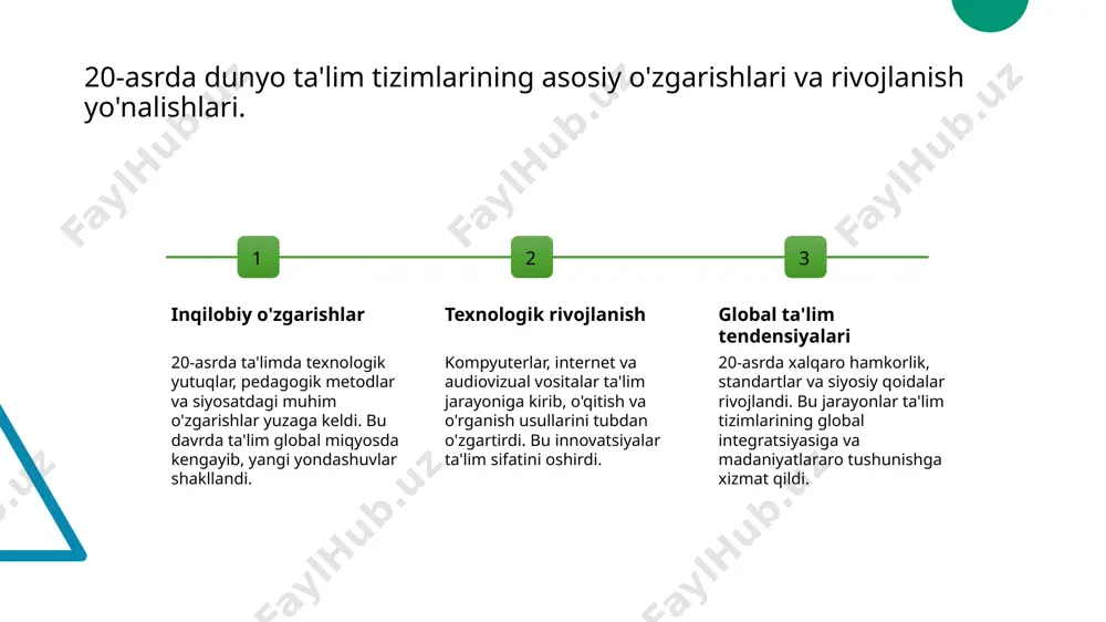 malar va simulyatsiyalar yordamida o'quv jarayoni yanada samarali bo'lmoqda. 3 individual yondashuv - zamonaviy metodlar har bir o'quvchining ehtiyojlariga moslashishga imkon yaratadi. differentsiyalashgan ta'lim va shaxsiylashtirilgan dasturlar keng qo'llanadi. 4 o'qituvchilarning roli - pedagogik metodlarning rivojlanishi bilan o'qituvchining roli ham o'zgarmoqda. ular faqat ma'lumot beruvchilardan ko'ra, motivatsiya va kreativ fikrlashni rivojlantiruvchi bo'lishi kerak. xx asrda texnologik yutuqlar va innovatsiyalarning ta'lim jarayoniga ta'siri. 1 inson-mashina integratsiyasi - xx asrda texnologik yutuqlar ta'lim jarayonini avtomatlashtirish va shaxsiylashtirish imkonini yaratdi, o'quvchilarning individual ehtiyojlariga moslashdi. 2 raqamli resurslar - kompyuterlar, internet va multimedia materiallar ta'limda keng qo'llanila boshladi, bu esa bilim olish jarayonini interaktiv va qulay qildi. 3 mobil texnologiyalar - mobil qurilmalar va ilovalar yordamida ta'limni har joyda davom ettirish imkoniyati paydo bo'ldi, o'quvchilarga ko'proq erkinlik va mustaqillik taqdim etdi. o'zbekiston ta'lim tarixidagi asosiy bosqichlar va dunyo ta'lim tizimlari bilan qiyosiy tahlil. 1 tarixiy bosqichlar o'zbekiston ta'lim tarixi davrlar bo'yicha rivojlangan, sovet davri, …