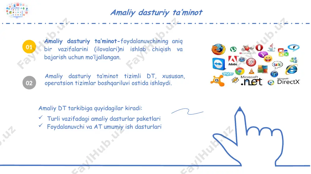 irilgan adplar orasida sanoat va nosanoat sohalarida boshqarish vazifalarini kompleks avtomatlashtirish uchun mo’ljallangan va predmetli sohalardagi adp lar guruhlarini ajratib ko’rsatadi. ms office dasturlari microsoft office microsoft offiсe dasturlaridan foydalanuvchi har bir masalani yechishda, hujjatlarni taxrirlashda va boshqa ishlarda unimli foydalanishi mumkin. officedan foydalangan foydalanuvchi ekranni oʻz xohishi boʻyicha oʻzgartirishi, shriftlarni tanlashi, printerlarni tanlashi, boshqa tizimlarni disklarga yozishi, qoʻshimcha kompyuter qurilmalarini oʻrnatishi va hakozo imkoniyatlardan foydalanishi mumkin. qisqa qilib aytganda, kompyuter ishini oʻz xohishiga moslab kompyuter xotirasi, ekranni, ishlash tezligi, qoʻshimcha qurilmalaridan optimal foydalanishi mumkin. microsoft office tarkibi microsoft office bir nechta xilda sotuvga chiqariladi. ularning farqi toʻplam tarkibi va narxida. office dasturlar toʻplamining nisbatan toʻliqroq variantiga quyidagi dasturlar kiradi: microsoft word — har xil koʻrinishdagi oddiy va murakkab matnlarni taxrirlashga moʻljallangan matn muharriri. muqobil dasturlar: openoffice.org writer, libreoffice writer, staroffice writer, kword, neooffice writer, corel wordperfect, apple pages (bu faqat mac os tizimida) va abiword. microsoft office tarkibi microsoft …