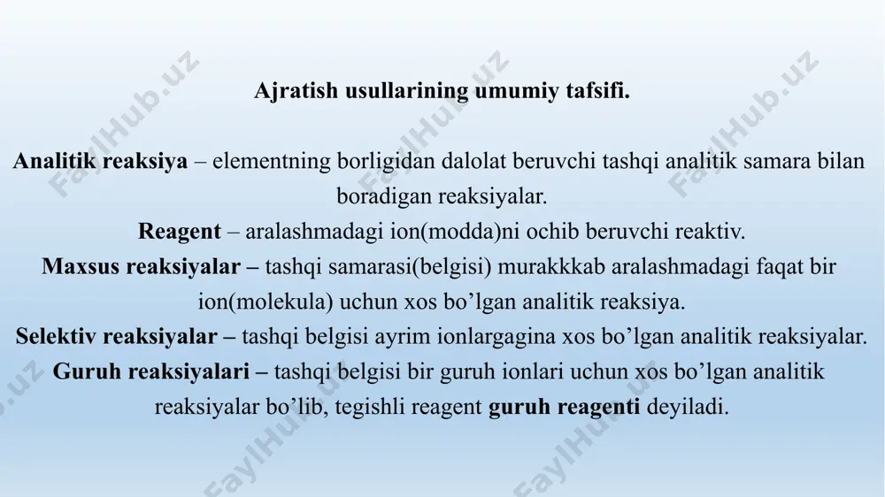 kroskop ostida kuzatib, izlanayotgan element(ion)ning bor yoki yo’qligi to’g’risida xulosa qilinadi. tomchi usulida eritmaning rangi o’zgaradigan yoki rangli cho’kmalar hosil bo’ladigan reaksiyalar qo’llaniladi. reaksiyalar ko’pincha filtr qog’ozi ustida o’tkaziladi. bunda tekshirilayotgan eritma va reaktivlar ma’lum tartibda tomiziladi. reaksiya natijasida qog’ozda rangli dog’ hosil bo’ladi va uning rangiga qarab tekshirilayotgan eritma tarkibida aniqlanayotgan ion bor yoki yo’qligi tekshiriladi. yarim mikroanaliz makro- va mikroanaliz orasidagi oraliq holatni egallaydi. bu usulda tekshirilayotgan modda miqdori makroanalizda ishlatiladigan modda miqdorining 1/100 qismini tashkil etadi. bu miqdor qattiq moddaning 50 milligrammiga yoki eritmaning 1 millilitriga tog’ri keladi. ultramikroanalizda moddaning 1 mg dan kam miqdori tekshiriladi. bunday analiz mikroskop ostida o’tkaziladi. analitik reaksiyalar bajarish usullari “ho’l” va “quruq” usullardir. reaksiyalarni amalga oshirishning shart-sharoitlari. reaksiyalarning seziluvchanligi, tanlab ta’sir etuvchanligi va o‘ziga xosligi. 1. biror reaksiyani o‘tkazishda, shu reaksiyaga sharoit yaratilishi zarur, aks holda reaksiya natijasi shubhali bo‘ladi. masalan, kislotada eriydigan cho‘kma, eritmada erkin holatdagi ortiqcha kislota bo‘lganda, ajralib …