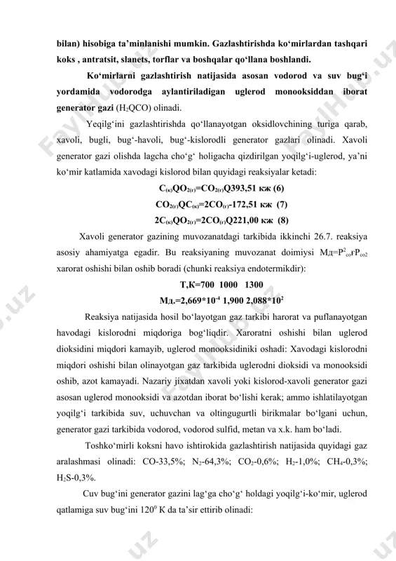 g‘idan chiqadi) qo‘shimcha ravishda bo‘ladi. koksni 1200 к da suv bug‘ida gazlashtirib olingan suv bug‘li generator gazining tarkibi: % (hajmiy) со - 38,0 н2 - 50,0 сн4 - 0,5; n2 - 5,0; н2s - 0,3. hozirgi vaqtda sanoatimizda ishlatayotgan giap tomonidan yaratilgan generatorda maydalangan ko‘mirni suv bug‘i bilan uzluksiz qaynaydigan qatlam sharoitida suv bug‘li generator gazi olish mumkin. koks gazini ajratish. sintetik ammiak olish uchun kerak bo‘lgan azot-vodorod aralashmasini olishning arzon usullaridan biri koks gazi, yo‘ldosh neft gazlari, neftni past haroratda ajratib, vodorodga boy azot-vodorod aralashmasining yaratilishidir. koks gazi ko‘mirni 1000-1100k xaroratda, havosiz kokslashda ajralib chikadigan gaz aralashmasidir. u gaz uch xil «a», «b», «v» markada chiqarilishi mumkin. «a» markalisi boshqalarga qaraganda tozaroq va siqilgan bo‘ladi. koks gazining urtacha tarkibi % (hajmiyda) : н2-55:62, сн4-24-28, n2-3-5, спнм-1,5-3, со2-2-3, о2-0,4-0,8. kokslash jarayoni kokslash uchoqlarida ketib, 1t. uchokqa solingan ko‘mirdan 350м3 gacha koks gazi olish mumkin. koks kimyo zavodlarining kimyoviy sexlarida bir …