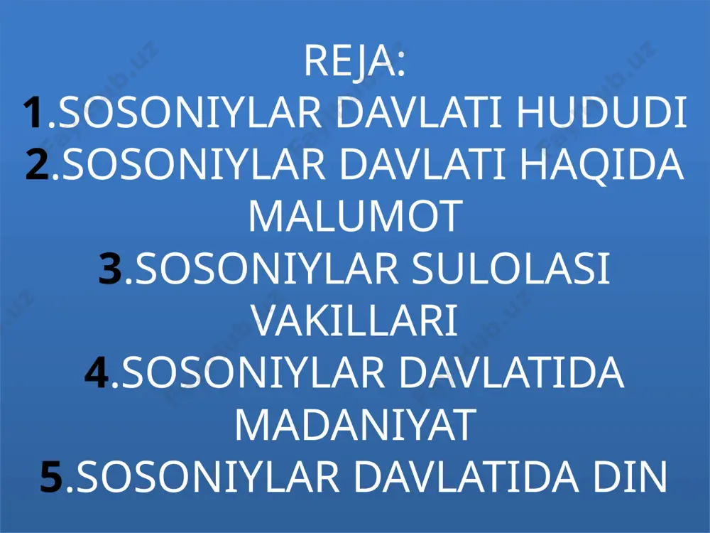 i ning oʻgʻli. otasi davrida boshlangan davlat hududini kengaytirish va uni mustahkamlash ishlarini davom ettirgan[. u katta hududlarni bosib olgan. 260-yil edessa yaqinida rim qoʻshinlarini tormor keltirib, imperator valerian hamda uning qoʻshinining katta qismini asir olgan. suriya, armaniston, shim. mesopotamiyani boʻysundirgan .shopur i turon hududiga ham bosqinchilik yurishlari qilib kushon podsholigita qarshi hirot, seyiston, marv, girkaniya, kushonshahr va boshqalar viloyat va shaharlarni egallagan, sugʻd va choch vohasiga bostirib kirgan. shopur i davrida eronda keng miqyosda irrigatsiya va qurilish ishlari olib borilgan, koʻplab shaharlarga asos solingan sosoniylar davlati anushirvon— sosoniylar sulolasiga mansub eron podshohi. anushirvon otasi — qubod joriy qilgan idora usuli, soliq tizimi hamda harbiy sohalarda jiddiy islohotlar oʻtkazdi, mamlakatni raiyatparvarlik bilan boshqardi. hind eposi „kalila va dimna“ anushirvon topshirigʻi bilan paxlaviy tiliga tarjima qilindi, avesto qayta koʻchirildi. anushirvon shahar va qishloqlarni obod etish, koʻhna qadriyatlarni tiklashga alohida eʼtibor berdi, uning davrida zardushtiylik rivojlandi, oʻzaro urushlarga uzil-kesil barham berildi. anushirvonning …
