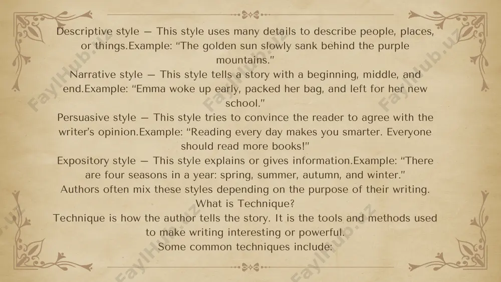: “the girl was sad.” “tears rolled down her cheeks as she looked out the window, silent and still.” both tell us the same thing — the girl is sad. but the second one uses descriptive style and imagery to make us feel her sadness more deeply. how to identify style and technique in a book when you read, ask yourself: what kind of words does the author use? are the sentences short or long? is the story told by “i” or “he/she”? are there any special images or repeated ideas? how do i feel when i read the text? answering these questions will help you understand the style and technique. conclusion authors use different styles and techniques to tell stories and share ideas. by noticing how they write — not just what they write — we become better readers. we enjoy the story more and can talk about it …