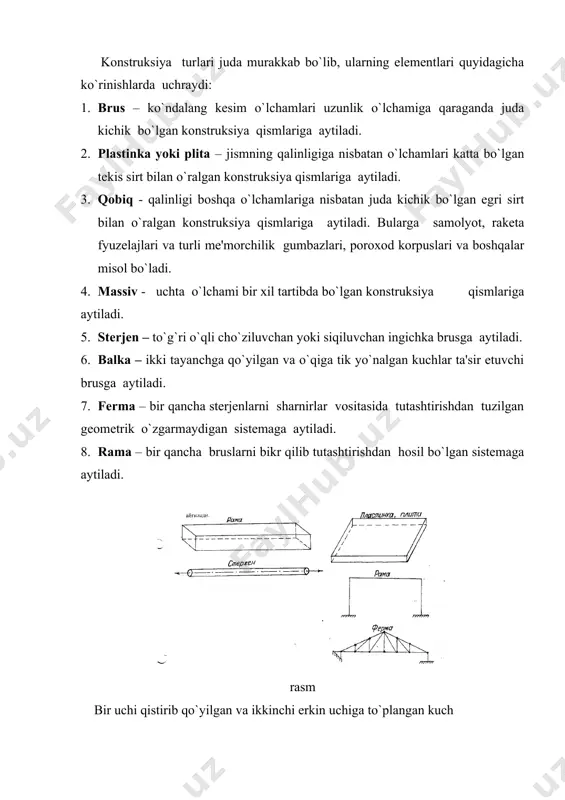 vishda bir xil holatda bir necha marta oshirilsa, deformasiya ham shuncha marta oshadi. inshoot elementlarini hisoblashda ko`pincha kuchlar ta'sirining mustaqillik usulidan foydalaniladi. bu usul yuqorida qabul qilingan farazdan kelib chiqadi. bu usulning mohiyati quyidagicha: rasm. salqilik yoki reaksiya kuchining bir necha kuch ta'siridan hosil bo`ladigan qiymatlari har qaysi kuch ta'siridan hosil bo`ladigan qiymatlar yig`indisiga tengdir. a) da ko`rsatilgan balka uchun r1 va r2 kuchlar ta'siridan k nuqtaning salqiligi. f=f1 + f2 tenglik bilan aniqlanadi. bu yerda f1 va f2- har qaysi kuchdan aloxida hosil bo`lgan salqilikdir, ular 3-rasm,b,v da ko`rsatilgan. _1195136514.unknown _1198593077.bin _1095321451.unknown _1095321474.unknown
