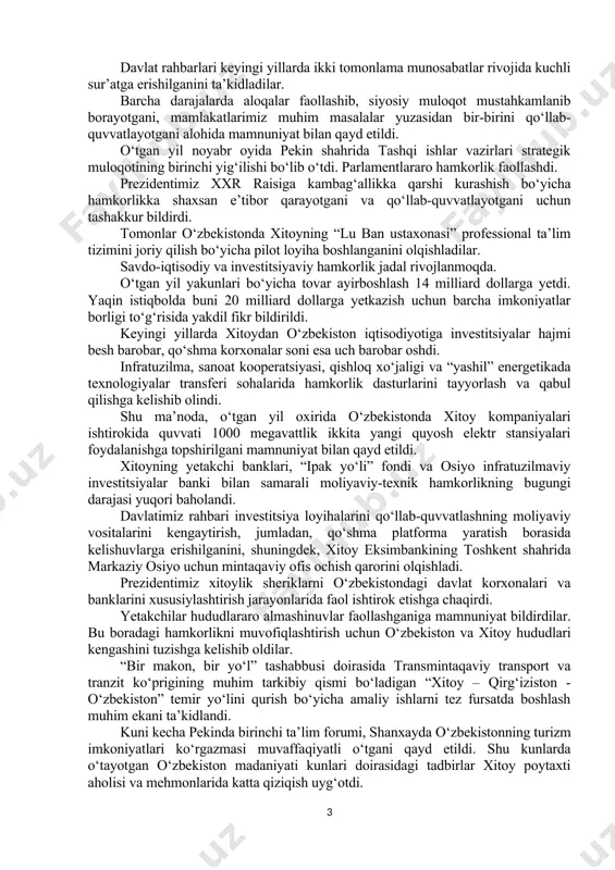o‘rtasida iv qishki olimpiya o‘yinlarida tog‘ chang‘isi bo‘yicha sportchilarimiz ishtirok etmoqda. ma’lumki, bu yil parij shahrida to‘rt yillikning eng nufuzli musobaqasi – yozgi olimpiya va paralimpiya o‘yinlari bo‘lib o‘tadi. hozirga qadar atletlarimiz ularga, mos ravishda, 17 ta va 34 ta yo‘llanmani qo‘lga kiritgan. sportchilarimizning yana yo‘llanmalar olishi va musobaqaga puxta tayyorgarlik ko‘rishi uchun barcha sharoit yaratilgan. 2025-yilda toshkentda o‘tkazilishi rejalashtirilgan yoshlar o‘rtasida osiyo va paraosiyo o‘yinlariga ham tayyorgarlik ko‘rilmoqda. olimpiya shaharchasi qurilishi jadal davom etmoqda. joriy yilda ijtimoiy dasturlar doirasida 42 ta sport inshooti qurish va rekonstruksiya qilish rejalashtirilgan. “besh tashabbus olimpiadasi” qamrovini yanada kengaytirgan holda, ishtirokchilar sonini 7 millionga yetkazish mo‘ljallangan. sport maktablarida qo‘shimcha mingdan ortiq guruhlar ochish ko‘zda tutilgan. davlatimiz rahbari sport ta’limini rivojlantirish, sportchilarni xalqaro musobaqalarga tayyorlashda ilg‘or yondashuvlarni qo‘llash bo‘yicha ko‘rsatmalar berdi. o‘zbekiston va xitoy yetakchilari ko‘p qirrali va har tomonlama strategik sheriklikni yanada kengaytirish masalalarini ko‘rib chiqdilar 24-yanvar kuni pekin shahrida o‘zbekiston respublikasi prezidenti shavkat …