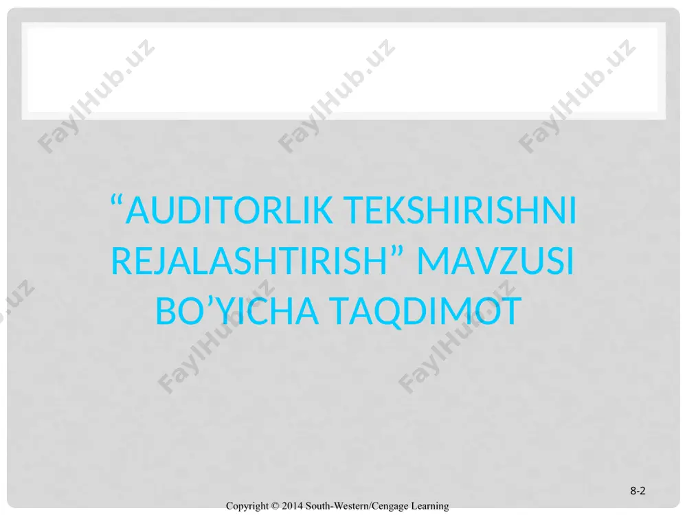 i o’tkaziladigan auditorlik xizmatining umumiy qiymatiga qo’shiladi, aks holda u auditorlik tashkilotining mablag’lari hisobidan amalga oshirilishi lozim. rejalashtirish auditorlik tekshiruvini boshlangich bosqichi bo’lib, auditorlar reja tuzulgunga qadar bevosita tekshiruv jarayonini boshlamasliklari lozim. standartga muvofiq auditni rejalashtirish quyidagi bosqichlarga bo’linadi: a) auditni dastlabki rejalashtirish; b) auditning umumiy rejasini tayyorlash va tuzish; v) audit dasturini tayyorlash va tuzish. copyright © 2014 south-western/cengage learning 8-* auditni rejalashtirishning asosiy tamoyillari уйғунлик uzluksizlik maqbullik copyright © 2014 south-western/cengage learning 8-* auditni dastlabki rejalashtirish bosqichi bu – xo’jalik yurituvchi sub’ekt va auditorlik tashkiloti tomonidan auditorlik shartnomasini tuzgungacha bo’lgan ishlarni o’z ichiga olib, bu bosqichda auditorlik tashkiloti tomonidan mijoz-korxona faoliyati bilan tanishish, korxona ichki va tashqi faoliyati xususiyatlari xususida ma’lumot to’plash va mijoz-korxonani auditorlik tekshiruvidan o’tkaza olish qobiliyatini baholash hamda auditorlik shartnomasi shartlarini mijoz-korxona bilan kelishib olish, mijoz-korxonani tekshirish uchun auditorlik ishchi guruhini shakllantirish va yakunda auditorlik shartnomasini tuzish bilan dastlabki rejalashtirish jarayoni tugaydi. auditorlik shartnomasi tuzilgandan …