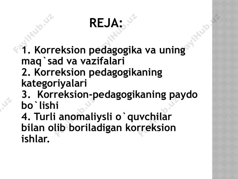 aliyasini erta diagnostika qilish metodlarini ilmiy jihatdan ishlab chiqish; bolalarda rivojlanish nuqsonlarini tuzatish, yo`qotish yoki kamaytirish bo`yicha chora-tadbirlarni ishlab chiqish; anomal bolalikning oldini olish bo`yicha profilaktik chora-tadbirlar tizimini ishlab chiqish; anomal bolani rivojlantirish va uni ijtimoiylashtirish jarayonining samaradorligini oshirish. kategoriyalari 1. anomal bolalarni o`qitish va rivojlantirish 2. anomal bolalarni tarbiyalash 3. korreksiya (yunoncha tuzatish) 4. korreksion-tarbiyaviy ishlar 5. kompensatsiya (yunoncha «compensatio» – o`rnini to`ldirish, tenglashtirish) 6. ijtimoiy reabilitatsiya (yunoncha «rehabilitas» – layoqati, qobiliyatini tiklash) 7. ijtimoiy adaptatsiya (yunoncha «adapto» - moslashish) 8. oilaviy tarbiya anomal o`quvchilar bilan olib boriladigan korreksion ishlar 1. bolalarning rivojlanishi va xulqidagi nuqsonlar tabiati va mohiyatini aniqlash, ularning yuzaga kelishi sabablari va sharoitlarini o`rganish. 2. rivojlanishi va xulqida nuqsonlar bo`lgan bolalar bilan korreksion-pedagogik faoliyatning tashkil etish va rivojlanishi tarixini o`rganish. 3. bolalarning rivojlanish va xulqidagi nuqsonlarning oldini olishga xizmat qiluvchi ijtimoiy-pedagogik shart-sharoitlar va psixofiziologik rivojlanishi etimologiyasi (sabab-oqibatli asoslari)ni aniqlash. anomal o`quvchilar bilan olib boriladigan korreksion ishlar …