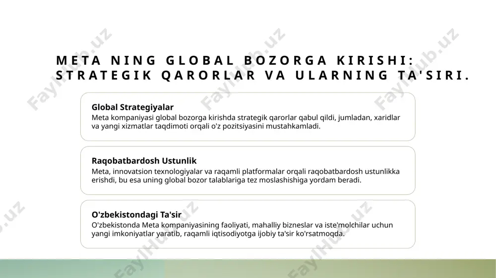 ngaytirishi mumkin. meta kompaniyasining moliyaviy strategiyalari va ularning ta'siri. 1 moliyaviy strategiyalar meta kompaniyasi o'z moliyaviy strategiyalarini diversifikatsiya qilishga qaratib, yangi texnologiyalarga sarmoya kiritish va innovatsiyalarni qo'llab-quvvatlaydi. 2 buxgalteriya va hisobot meta kompaniyasi moliyaviy holatini yaxshilash uchun zamonaviy buxgalteriya tizimlarini joriy etib, shaffof hisobotlarni taqdim etadi, bu esa investorlar ishonchini oshiradi. 3 raqobatbardosh ustunlik moliyaviy strategiyalar yordamida meta raqobatchilaridan farqli ravishda yuqori darajadagi innovatsiyalar va xizmatlarni taklif qilib, bozorning asosiy o'yinchisi bo'lishni maqsad qilmoqda. xulosa meta kompaniyasining rivoji meta kompaniyasi 2004 yilda asos solinganidan buyon texnologik inqilob va innovatsiyalar orqali global bozor raqobatida o'z pozitsiyasini mustahkamladi. innovatsiyalar va o'sish innovatsiyalar va yangi texnologiyalar, meta kompaniyasining raqobatbardoshligini oshirib, global bozorga kirishda muhim o'rin tutadi va kelajakda o'sish imkoniyatlarini yaratadi. o'zbekistondagi imkoniyatlar o'zbekistonda raqamli iqtisodiyotning rivojlanishi, meta kompaniyasiga yangi foydalanuvchilar bazasini yaratish va strategik hamkorliklar o'rnatish imkoniyatini taqdim etadi. foydalanilgan adabiyotlar 1. toshpulatov, d. 'meta kompaniyasining tarixi va rivojlanishi'. o'zbekiston milliy universiteti, …