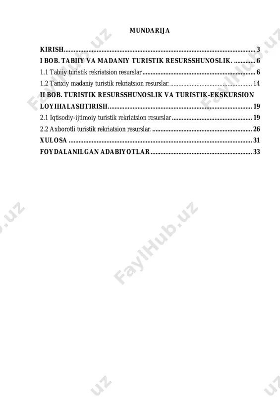 nlari va sayyohlik-ekskursiya dizaynining dolzarbligi ularning ajoyib tajribalarni yaratish, barqarorlikni rag'batlantirish, iqtisodiy o'sishni rag'batlantirish, madaniy almashinuvni rag'batlantirish va raqobatbardoshlikni oshirish orqali turizm sanoatini o'zgartirish potentsialidadir. ushbu fanlarni o'zlashtirib, destinatsiyalar turizmni rivojlantirish mas'uliyatli va axloqiy tarzda amalga oshirilishini ta'minlagan holda o'sish va farovonlik uchun yangi imkoniyatlarni ochishi mumkin. turistik resurs fanlari va turistik-ekskursiya dizayni mavzusi bir necha sabablarga ko'ra zamonaviy turizm sanoati kontekstida juda dolzarbdir: 1. tashrifchilar tajribasini oshirish: borgan sari raqobatdosh turizm bozorida sayohatchilar uchun noyob va unutilmas tajribalarni yaratish qobiliyati sayyohlarni jalb qilish va saqlab qolish uchun kalit hisoblanadi. turistik resurs fanidan olingan ma'lumotlardan foydalanish va o'ylangan sayyohlik-ekskursiya dizaynini qo'llash orqali sayyohlik mutaxassislari nafaqat tashrif buyuruvchilarning kutganlarini qondiradigan, balki undan ham oshib ketadigan tajribalarni moslashtira oladi, bu esa qoniqishning yuqori darajalariga va og'izdan og'izga ijobiy targ'ibotga olib keladi. 2. barqaror turizmni rivojlantirish: destinatsiyada mavjud resurslarni tushunish va bu resurslardan maksimal darajada foydalanadigan ekskursiyalarni loyihalash turizmni barqaror rivojlantirish uchun zarur. …