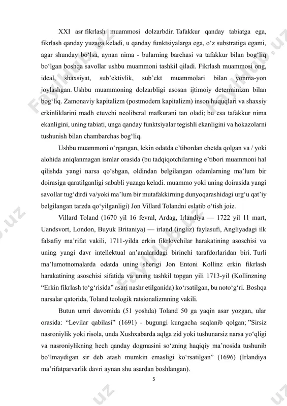 atlari haqida gapirganda, umuman ishonuvchan yoki xurofiy emasligi va xurofotning o‘zi ham davlat uchun sofdan kam emas, balki ko‘proq zararli ekanligi isbotlangan dalil deb aytgan. “ateizm” (1708); “yahudiy qadimiylari yoki strabonning muso va yahudiy dini tarixi” (1708); “ruhoniylarga qarshi maktublar” (1712); “yahudiylarning naturalizatsiyasi bo‘yicha mulohazalar” (1713); “nasroniylik yoki yahudiy, butparast va muhammad nasroniyligi” (1718); “tetradimus” (1720), toʻrt asardan iborat:[footnoteref:1] [1: yangi falsafiy ensiklopediya: 4 jildda / ras falsafa instituti, milliy umumiy ilmiy. fond; ilmiy tahrir. maslahat: v.s. stepin, a.a. guseinov, g.yu. semigin. – moskva: mysl, 2010. – 2806 bet.] 1) “hodegus yoki bulut ustuni va olov ustuni”; 2) “klidorofus yoki ekzoterik va ezoterik falsafada”; 3) gipatiya yoki eng go‘zal, fazilatli, eng bilimdon va umuman, eng mukammal ayolning hikoyasi, iskandariya ruhoniylari tomonidan nopok avliyo deb atalgan iskandariya arxiyepiskopi kirilning mag‘rurligi, hasadi va shafqatsizligini qondirish uchun parchalanib ketgan; 4) “mangonutlar: nosiraliklarni himoya qilishda”; va “pantheistikon yoki sokratik jamoani ulug‘lash marosimi, uch qismga …