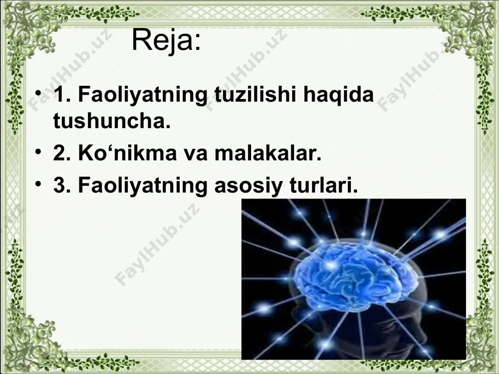 r ta’siri), kurib idrok kilgandagi uzaro bir-birlariga intilishni ta’minlovchi ichki, bir qarashda kuz bilan ilgab bulmaydigan emotsional holatlarda namoyon bo‘ladi. lekin shu manzarani bevosita guvoxi bo‘lsak ham, taxminan qanday jarayonlar kechayotganligini tasavvur qilishimiz mumkin. demak, ikkala turli faollik ham shaxsiy tajriba va rivojlanishning asosini tashkil etadi. bir qarashda har bir aniq shaxsga uning extiyojlariga boglik bo‘lib tuyulgan bunday faollik turlari aslida ijtimoiy xarakterga ega bo‘lib,shaxsning jamiyat bilan bo‘ladigan murakkab va uz aro munosabatlarining okibati xisoblanadi inson faolligi «harakat», «faoliyat», «xulk» tushunchalari bilan chambarchas boglik bo‘lib, shaxs va uning ongi masalasiga borib takaladi. shaxs aynan turli faolliklar jarayonida shakllanadi, uzligini namoyon kiladi ham. demak, faollik yoki inson faoliyati passiv jarayon bulmay, ongli ravishda boshkariladigan faol jarayondir. inson faolligini mujassamlashtiruvchi harakatlar jarayoni faoliyat deb yuritiladi. ya’ni, faoliyat- inson ongi va tafakkuri bilan boshkariladigan, undagi turli-tuman extiyojlardan kelib chikadigan, hamda tashki olamni va uz-uzini uzgartirish va takomillashtirishga karatilgan uziga xos faollik shaklidir bu-yosh …