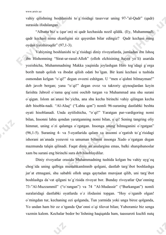 tmagani, shu sababli olloh unga qaytadan murojaat qilib, uni targ`ibot boshlashga da`vat qilgani to`g`risida rivoyat bor. bunday rivoyatlar qur`onning 73-”al-muzzammil” (“o`rangan”) va 74 ”al-mudassir” (“burkangan”) nomli suralaridagi dastlabki oyatlarda o`z ifodasini topgan. “hoy o`rganib olgan! o`rningdan tur, kechaning ozi qolganda, tun yarmida yoki unga biroz qolganda, yo undan ham bir oz o`tganda qur`onni o`qi tilovat bilan; yuboramiz biz senga vazmin kalom. kechalar bedor bo`lishning haqiqatda ham, taassuroti kuchli nutq ham bunda ravon. kunduzi zimmangda uzoq safaring bor. egang ismini yod et va unga astoydil intil. sharqlar va /arblar egasi - undan boshqa iloh yo`q va uni o`zingga panogoh deb bil”. 74-sura ham ollohning muhammadga yuqoridagidek muroja-ati bilan boshlangan: “ey (liboslarga) burkanib olgan zot, tu-ring-da, (insonlarni oxirat azobidan) ogohlantiring” (74,1-2). diniy rivoyatlarga ko`ra, qur`on mazmuni ollohdan vahiy sifatida muhammadga ayon bo`lgan; u olloh so`zlarini targ`ib qilgan; ular yozib olinib, keyinchalik qur`on shaklida to`plamga aylanti-rilgan. shu sababli islomda qur`on mazmuni faqat olloh …
