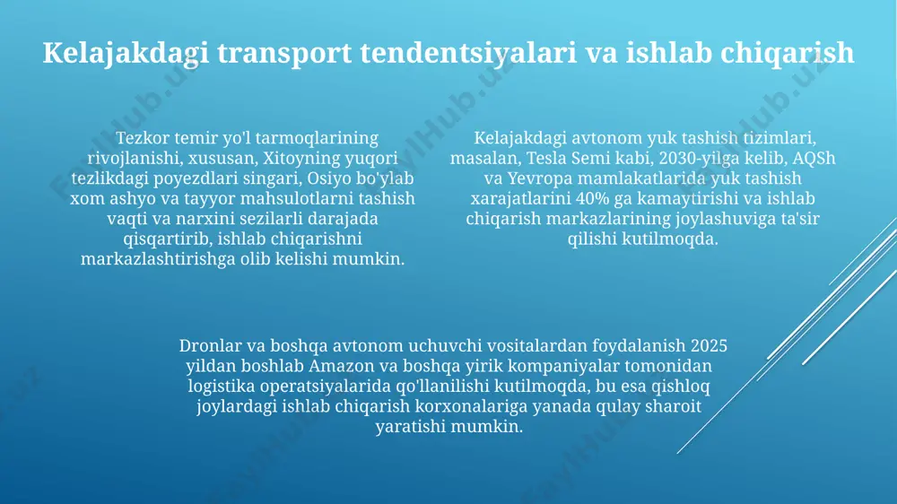 narx farqini hisobga olish kerak. masofa va vaqt omillari transport vositalarini tanlashda muhim rol o'ynaydi. masalan, 500 km masofaga yuk tashishda avtomobil transporti tezroq, lekin 2000 km masofaga temir yo'l transporti yanada iqtisodiy jihatdan maqbul bo'ladi. transport siyosati va qonunchiligi toshkent shahridagi yuk tashish markazlari soni 2025 yilga kelib 15 taga yetkazilishi va bu shahar atrofidagi logistika jarayonlarini 30% ga samaradorligini oshirishi kutilmoqda. oʻzbekistonning transport siyosati 2030-yilgacha boʻlgan davrda 50 milliard dollardan ortiq investitsiyani jalb qilishni, shu jumladan, temir yoʻl va avtomobil yoʻllari infratuzilmasini rivojlantirishni koʻzda tutadi. andijon viloyatida yangi qurilgan avtomobil yoʻli, 100 km dan ortiq masofani qisqartirish orqali fargʻona vodiysidagi shaharlar oʻrtasidagi yuk tashish xarajatlarini 15% ga kamaytiradi. transport infratuzilmasi va uning ta'siri o'zbekistonning avtomobil yo'llari tarmog'i 50 ming kilometrdan ortiq bo'lib, jumladan, 10 ming kilometri asfaltlangan yo'llarni o'z ichiga oladi, bu mamlakatning ichki va tashqi savdosi uchun muhim ahamiyatga ega. xitoy bilan chegaradosh andijon viloyatida joylashgan "qayroqkum" …