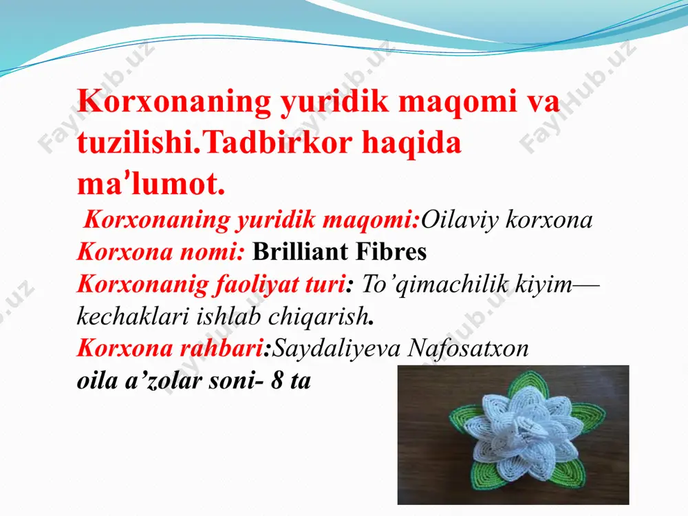 dan bir oylik umumiy ishlab chiqarilgan mahsulot uchun ketgan ip sarfini (kg) bo’ldik. № nomi 1 oylik daromad 1 mahsulot sotishdan tushgan tushum 6 293 000 mahsulot uchun ketgan xarajat 2 522 000 sof foyda 3 771 000 kredit qaytarish grafigi sonlarni kiriting yig`ma ma`lumotlar kredit summasi 4 000 000,00 qaytariladigan jami mablag` 4 110 000 yillik foiz stavkasi 3,0% umumiy % summasi 110 000 kredit muddati (yil) 2 2,5 har oyda qaytariladigan kredit tani 266 667 yil davomida to`lovlar soni 15 xaqiqatda to`lovlar soni 15 imtiyozli davr (oylar soni) 3 mikrokredit berilgan sana 22.03.07 qo`shimcha to`lov (zarur emas) еменова шахноза исламжановна кредитор: отахонов джурабек oylar davr boshiga kredit qoldig`i qaytariladigan kredit tani % to`lovlari jami to`lov davr oxiriga kredit qoldig`i 1 4 000 000 0 10000 10000 4 000 000 2 4 000 000 0 10000 10000 4 000 000 3 4 000 000 0 10000 10000 4 000 …