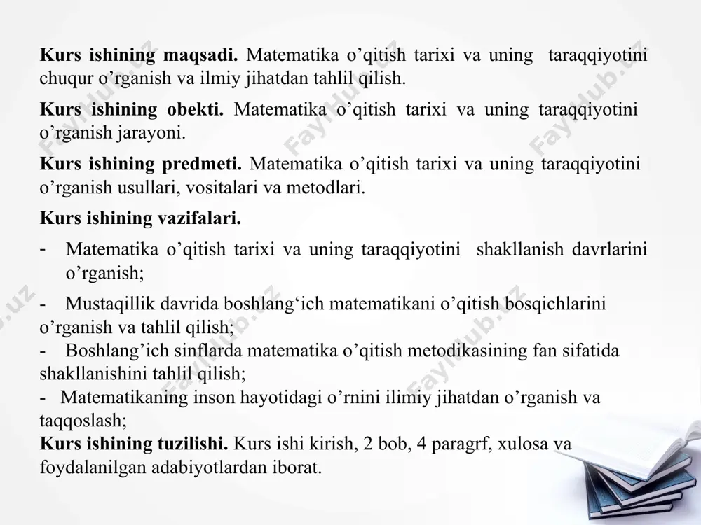 ing fazoviy formalari va ular orasidagi miqdoriy munosabatlardan iborat. o‘zbеkistоn реspublikаsi birinchi prеzidеnti i.a. kаrimоvning “таlim-tаrbiya vа kаdrlаsh tаyyorlаsh tizimini tubdаn islоh qilish, bаrkаmоl аvlоdni vоyagа еtkаzish to‘g‘risidа”gi fаrmоnidа vа оliy маjlis tоmоnidаn qаbul qilingаn “таlim to‘g‘risidа”gi qоnun vа “kаdrlаr tаyyorlаsh milliy dаsturi”dа tа’lim tizimini nаzоrаt qilish vа shаkllаntirishgа kаttа e’tibоr bеrilgаn. bu hujjаtlаrdа ko‘rsаtilishchа tа’lim tizimidа bоshlаng‘ich tа’lim eng аsоsiy, tаyanch mаnbа bo‘lib hisоblаnishi qаyd qilingаn. bоshlаngich sinf o‘quv dаsturini, dаrsliklаrini qаytа tuzib chiqish, bоshlаngich sinf o‘qituvchilаrini qаytа tаyyorlаsh, o‘qitish sifаtini оshirishgа etibоr bеrilgаn. mustaqillik sharoiti uzbekistonda matematikaning rivojiga katta ijobiy taʼsir koʻrsatdi. avvalo, fanning strukturasi keskin oʻzgardi: maʼnaviy fan hisoblanuvchi tasavvuf ilmi tiklandi, hadis bilimlariga yoʻl ochildi, binobarin, ziyolilarimiz, talabalarning ruhiy dunyosi ancha boyidi, yangi oliy oʻquv yurtlari, un-tlar tashkil qilindi; ilm ahli chet eldagi olimlar bilan mustah.kam ijodiy aloqalar oʻrnatdi. buning natijasida tabiat va texnikatexnologiya haqidagi fanlarimiz xam jahon andozasi darajasiga koʻtarila boshladi. olimlarimiz ilmfanning dolzarb sohalarida …