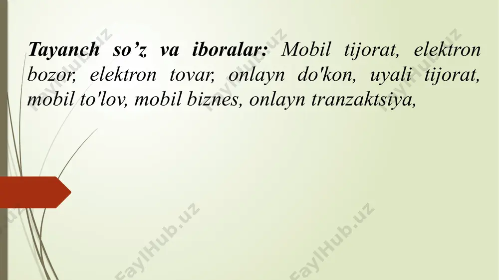 n. mobil tijoratni rivojlantirish. uyali tijoratni rivojlanishiga bir qancha sabablar yordam beradi - bu shaxsiylashtirish darajasining oshishi, xaridorlarning xohish-istaklarini tahlil qilish qobiliyati, tezkor izlash va tovarlarni, xizmatlarni taqqoslash nuqtai nazaridan iste'molchining o'zi uchun keng imkoniyatlar. avvalo, smartfon real vaqtda mahsulot yoki xizmat sotib olishni taklif qiladi. aksariyat onlayn-do'konlarda mobil tijoratga etarlicha e'tibor berilmaydi. agar echimlar (veb-sayt, dastur) har qanday qurilmadan mobil to'lovlarni amalga oshirishga moslashtirilgan bo'lsa, onlayn-do'konda konversiya sezilarli darajada oshishi mumkin. elektron to’lov tizimlari mobil biznes siz uchun yuqori darajaga biznes rivojlantirishga xizmat qiladi. xozirda gazeta, televideniya va internetlar o’zi yetarlicha biznes loyihalari tuzilib bo’lingan. katta kompaniyalar xozirda “mobil muhit” ga juda katta e’tibor bermoqda. “mobil muhit” bu nima? mobil qurilmalar (telefonlar, smartfonlar, planshetlar, smartbooks, gps-navigator) foydalanish sohalari hisoblanadi. biznes muvaffaqiyatli natijalarga ega bo’lishi uchun mijozga takliflar yoki o’zini xizmatlarini mobil qurilmalari uchun mobil versiyasini ham yaratish kerak bulardan: kompaniyaning shaxsiy veb saytini mobil versiyasini yaratish kompaniyani xizmatlaridan foydalanish …