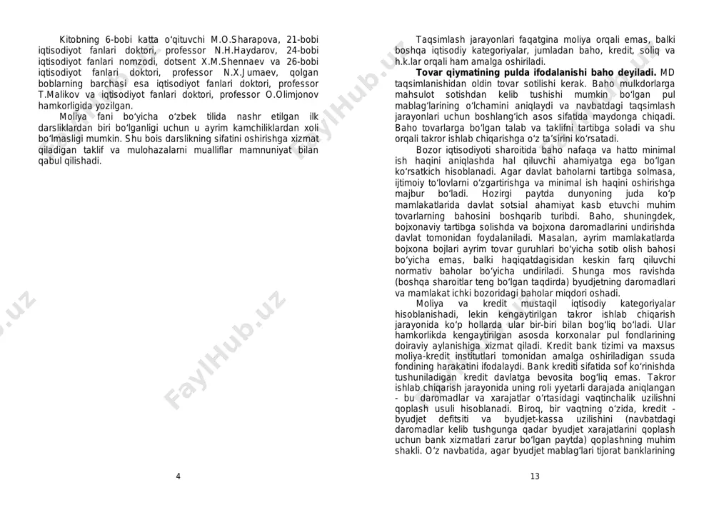i bajaradi: 1. taqsimlash; 2. nazorat. 3 kirish «moliya» fani iqtisod sohasi uchun mutaxassislar tayyorlash tizimida eng asosiy o‘rinlardan birini egallaydi. mustaqil fan sifatida unga o‘tgan asrning 50-yillarida asos solingan bo‘lib, u o‘sha davrga xos moliya to‘g‘risidagi tasavvurlarga mos bo‘lgan. o‘zbekistonda ham bozor islohotlarining amalga oshirilishi moliya fanining eng muhim nazariy qoidalarini qayta qo‘rib chiqilishini taqozo etdiki, bu narsa hamon o‘quv adabiyotlarida o‘z aksini to‘liq topgani yo‘q. shu boisdan ham, ayrim holatlarda, mamlakat moliyaviy tizimida sodir bo‘layotgan o‘zgarishlarni yyetarli darajada inobatga olmagan holda mashg‘ulotlarni o‘tkazish xavfi mavjud. mazkur darslikda mualliflar moliyaning nazariy masalalariga oid barcha prinsipial o‘zgarishlarni o‘quvchilarning e’tiboriga yetkazishga harakat qilishgan. uning 1-7-boblarida moliyaning umumnazariy masalalari (moliyaning mohiyati va funksiyalari, moliyaviy siyosat, moliyaviy tizim, moliyaviy boshqaruv, moliyaviy rejalashtirish va tartibga solish, moliyaviy nazorat va moliyaviy nazariyalar) yoritilgan. xo‘jalik yurituvchi subyektlar moliyasi davlat moliyaviy salohiyatining asosi, xo‘jalik yurituvchi subyektlarni moliyaviy isloh qilish, ularning moliyaviy resurslari, asosiy va aylanma kapital doiraviy …