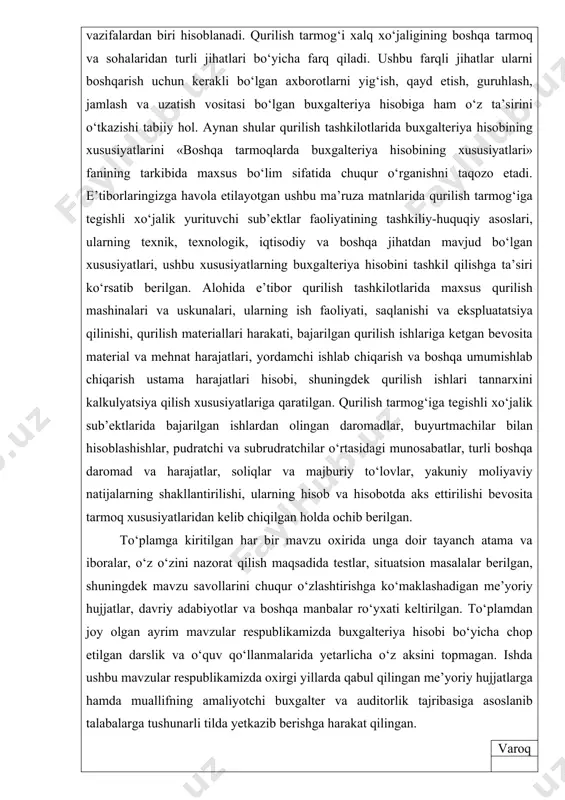 nishi, qurilish materiallari harakati, bajarilgan qurilish ishlariga ketgan bevosita material va mehnat harajatlari, yordamchi ishlab chiqarish va boshqa umumishlab chiqarish ustama harajatlari hisobi, shuningdek qurilish ishlari tannarxini kalkulyatsiya qilish xususiyatlariga qaratilgan. qurilish tarmog‘iga tegishli xo‘jalik sub’ektlarida bajarilgan ishlardan olingan daromadlar, buyurtmachilar bilan hisoblashishlar, pudratchi va subrudratchilar o‘rtasidagi munosabatlar, turli boshqa daromad va harajatlar, soliqlar va majburiy to‘lovlar, yakuniy moliyaviy natijalarning shakllantirilishi, ularning hisob va hisobotda aks ettirilishi bevosita tarmoq xususiyatlaridan kelib chiqilgan holda ochib berilgan. to‘plamga kiritilgan har bir mavzu oxirida unga doir tayanch atama va iboralar, o‘z o‘zini nazorat qilish maqsadida testlar, situatsion masalalar berilgan, shuningdek mavzu savollarini chuqur o‘zlashtirishga ko‘maklashadigan me’yoriy hujjatlar, davriy adabiyotlar va boshqa manbalar ro‘yxati keltirilgan. to‘plamdan joy olgan ayrim mavzular respublikamizda buxgalteriya hisobi bo‘yicha chop etilgan darslik va o‘quv qo‘llanmalarida yetarlicha o‘z aksini topmagan. ishda ushbu mavzular respublikamizda oxirgi yillarda qabul qilingan me’yoriy hujjatlarga hamda muallifning amaliyotchi buxgalter va auditorlik tajribasiga asoslanib talabalarga tushunarli …