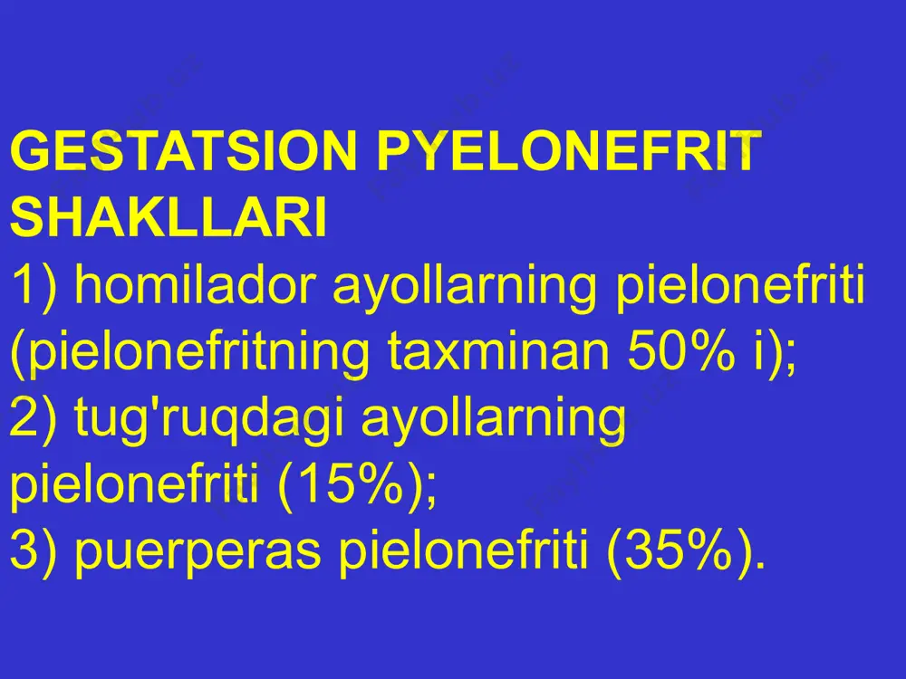 i stentlash + ab va detoksifikatsiya; faqat dori terapiyasi; jarrohlik davolash (odatda o'tkir pielonefrit rivojlanishidan 5 kun o'tgach, uning yiringli shakli tez-tez rivojlansa, klinikaga yotqizilganidan keyin talab qilinadi. bu, odatda, parenximada xo'ppozlarni ochish va nefrostoma bilan dekapsulyatsiya . a) birlamchi ochiq buyrak jarrohligi; b) konservativ davo ta'siri bo'lmaganda jarrohlik (ultratovush tekshiruviga ko'ra, buyrak parenximasida yo'q qilish o'choqlari aniqlanadi). 8-12 kun davomida ekstrakti. tug'ilishdan oldin pielonefritni profilaktik davolash bo'yicha tavsiyalar bilan konservativ davo bilan. o'tkir pielonefritning takroriy hujumi takroriy statsionar davolanishni talab qiladi. tug'ilgandan 2-3 hafta o'tgach olib tashlanadigan nefrostomiya yoki stent bilan operatsiyadan keyin 14-16 kunlarda bo'shatish. antibiotik sinf xavfsizlik (fda) amoksitsillin/klavulanat b ii-iii avlod sefalosporinlari : sefuroksim, sefotaksim, seftriakson b nitrofurantoin b fosfomitsin b ko-trimoksazol bilan gentamitsin bilan terapiya uchun antibiotiklarning xavfsizligi homiladorlik davrida uti matn uslublarini tahrirlash uchun bosing ikkinchi daraja uchinchi daraja to‘rtinchi daraja beshinchi daraja homilador pyelonefritni davolash umuman olganda, homilador ayollar urologik yordam va operatsiyalarga …