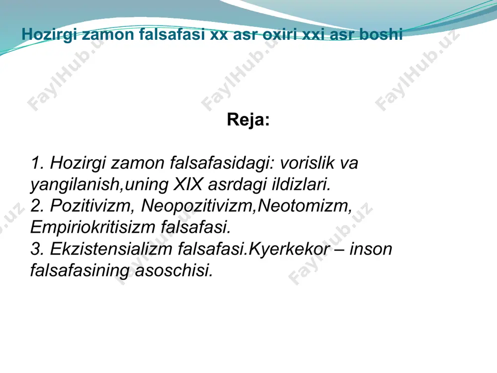g belgilovchisi, deb talqin etilgan bo’lsa, endi rasionalizmga qarshi insonning mavjudligi (ekzistensializm) muammolari, hamda uning norasional mohiyati ilgari surila boshladi. ya’ni ilgari ma’rifatparvarlik g’oyasi ustuvor bo’lsa, endilikda ko’proq inson huquqlariga e’tibor kuchayib ketdi. falsafa go’yoki, mavhumlikdan aniqlik tomon bordi, umumiy emas, aniq-ravshan masalalarni hal qilish boshlandi. . hozirgi zamon falsafasi an’anaviy falsafada hodisalar mexanika qonunlari asosida tushuntirishga harakat qilingan bo’lsa, endi bunday tahlil doirasidan chetda qolgan muammolar o’rganila boshlandi. bugungi kunga kelib ko’pgina falsafiy oqimlar o’zlarining an’anaviy falsafaga aloqador ekanliklarini hamda ulardan farq qilishlarini ta’kidlash maqsadida, nomlariga «neo», ya’ni yangi, zamonaviylashgan degan ma’noni anglatuvchi qushimchani qo’shganlar. masalan, neopozitivizm, neotomizm va boshqalar shular jumlasiga kiradi. hozirgi zamon falsafasi xx asr oxiri xxi asr boshi fanning jamiyat hayotidagi o’rnini belgilash va unga nisbatan munosabatga qarab, zamonaviy falsafiy ta’limotlarni asosan ikki yo’nalishga ajratish mumkin. ulardan biri — ssiyentizm (lot scientia — fan) ya’ni fan mavjud barcha ijtimoiy muammolarni hal etishi mumkinligini ilm-fan taraqqiyotining …