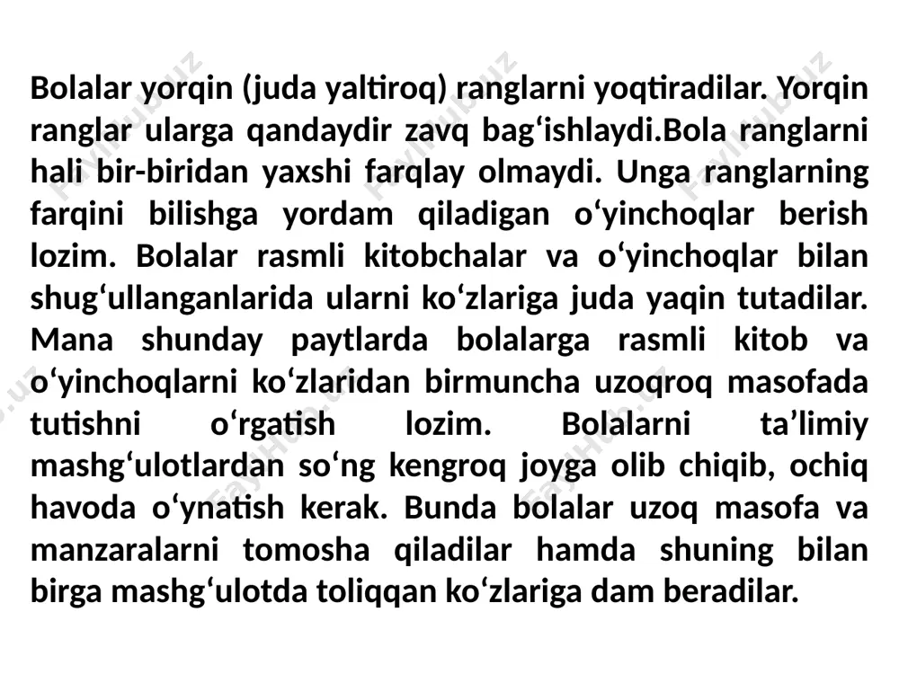 vojlantirish birmuncha qiyin.ilk yoshdagi bolalar har bir narsani o‘z qo‘llari bilan ushlab, timirskilab ko‘rishga harakat qiladilar. bolalardagi bu xususiyat ularning bog‘cha yoshidagi davrlarida ham saqlanib qoladi. ana shu sababli bog‘cha yoshidagi bolalar ham har bir narsani shunday sirtdan ko‘rib qo‘ya qolish bilan qanoatlanmay, «qani, men bitta ko‘ray», «qani menga berib turing» degan iboralar bilan qo‘llarini cho‘zib intilaveradilar. bog‘cha bolalaridagi bu xususiyatni ularning haddan tashqari qiziquvchanliklari va turmush tajribalarining ozligi bilan tushuntirish mumkin. shu sababti bolalardagi bunday intilishni bo‘g‘masdan, imkoniyat boricha so‘ragan narsalarini ushlab ko‘rishlariga ijozat berish kerak. teri sezgirligi bog‘cha yoshidagi bolalarda ham xuddi katta odamlardagi kabi organizmning ayrim joylarida kuch­li, ayrim joylarida esa kuchsizroq joylashgan bo‘ladi. bolalar­da qo‘l barmoqlarining uchi va yuz qismlari boshqa joylariga nisbatan g‘oyat sezgirdir. teri sezgirligini turli mashg‘ulotlar va mashqlar orqali rivojlantirish mumkin. masalan, ko‘zni bog‘lab, turli narsalarni qo‘l bilan paypaslab aniqlash, har xil taxtachalarning silliqlik darajasini aniqlash, bog‘chalarda keng qo‘llaniladigan «ajoyib xaltacha» va hokazo …