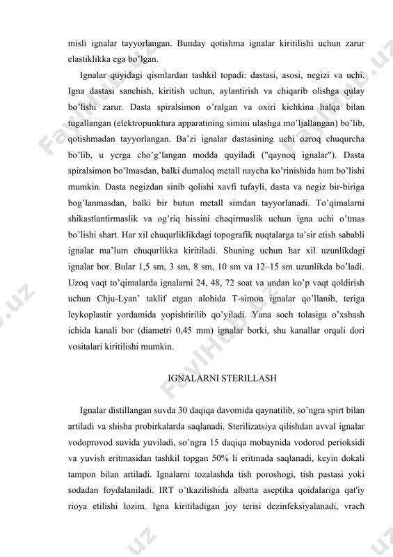 tga qoldiriladi. kuchli og’riqlarda, sinamalarda va tirishishlarda igna 24–48 soatga qoldiriladi (bunda alohida t-simon ignalar yoki mikroignalar qo’llaniladi. igna sanchiladigan nuqtalar soni nisbatan oz (2–4). bu usul asosan o’rta va balog’at yoshidagilarda qo’llaniladi. to’xtatuvchi usulning 2-variantida igna sekin aylanma harakat bilan kiritiladi. ignaning kiritilish chuqurligi biroz kamroq bo’lib, sezgilar kuchi kamroq, ya’ni zirqiroq og’riq, yengil bosim, tortishib og’rish bo’lib, irradiatsiya bo’lmaydi. ignalar to’qimada 15 daqiqadan 20 daqiqagacha qoldiriladi, ta'sir qilish nuqtalar soni 4–6 gacha, asosan keksalarda, bolalarda va astenizatsiyalangan bemorlarda qo’llaniladi. ba'zi bemorlarda muolajadan oldin qo’rquv hissiyoti bo’ladi. shuning uchun davolash boshida to’xtatuvchi usulning 2-varianti qo’llanadi. davolash amaliyotida ba'zan to’xtatuvchi usulning oraliq variantlari qo’llanadi: 1–2-qo’zg’alish kuchi 1-variantga, davomiyligi 2-variantga teng bo’lganda; 2–1-qo’zg’alish kuchi 2-variantga, davomiyligi 1-variantga teng bo’lganda. xulosa qilib aytganda, to’xtatuvchi usulga xarakterli bo’lgan xususyatlar bu ma’lum sezgilar va qo’zg’atish davomiyligidir. qo’zgatuvchi usul. bu usulda ta'sir yuzaki, kuchli, tez va qisqadir, ta'sir ko’p nuqtalarga navbatma-navbat beriladi va bu yengil …