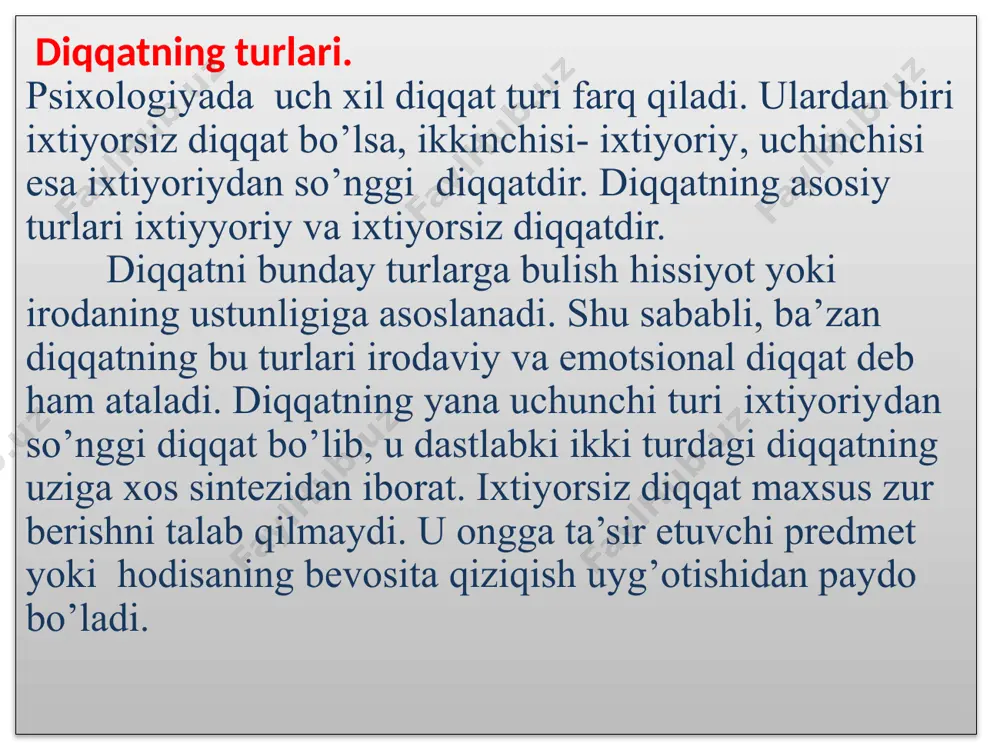 burun – hid bilish analizatori deb yuritiladi. odam organizmidagi har bir sezgi a’zosi (ko’z, quloq, burun va x.k.) narsa va hodisalarning tafsilotini analiz qilib (qismlarga parchalab), bosh miyaga o’tkazadi. sezgi organlarining organizmdagi o’rni va qo’zg’alishiga muvofiq sezgi turlari quyidagi uch guruhga ajratiladi : 1. eksteroretseptorlar – bu gruppaga ko’rish, eshitish, hid bilish, ma’za va teri sezgi organlari kiradi. organizmdan tashqaridagi narsa va hodisalarning xossalari shu organlar orqali aks etadi. 2. interoretseptorlar – bu gruppaga gavda ichidagi organlar – me’da, ichak, jigar, o’pka, qon aylanish organlari, umuman organik sezgilar kiradi. bu sezgilar ichki organlarning holatini aks ettiradi. 3. proprioretseptorlar – bu gruppaga muskul-harakat, pay va boylamlarda bo’ladigan sezgilar hamda statik sezgilar kiradi. bu gruppaga kiruvchi sezgilarni harakat yoki kinestetik sezgilar deb ham yuritiladi. qo’zg’ovchining davomiy ta’siri bilan sezgirlikning o’zgarganligini kuramiz. bu hodisa adaptatsiya, ya’ni analizatorning ta’sir etib turuvchi qo’zg’ovchiga moslashishi deb ataladi. adaptatsiya natijasida sezgirlik ortishi ham kamayishi ham mumkin. adaptatsiya …