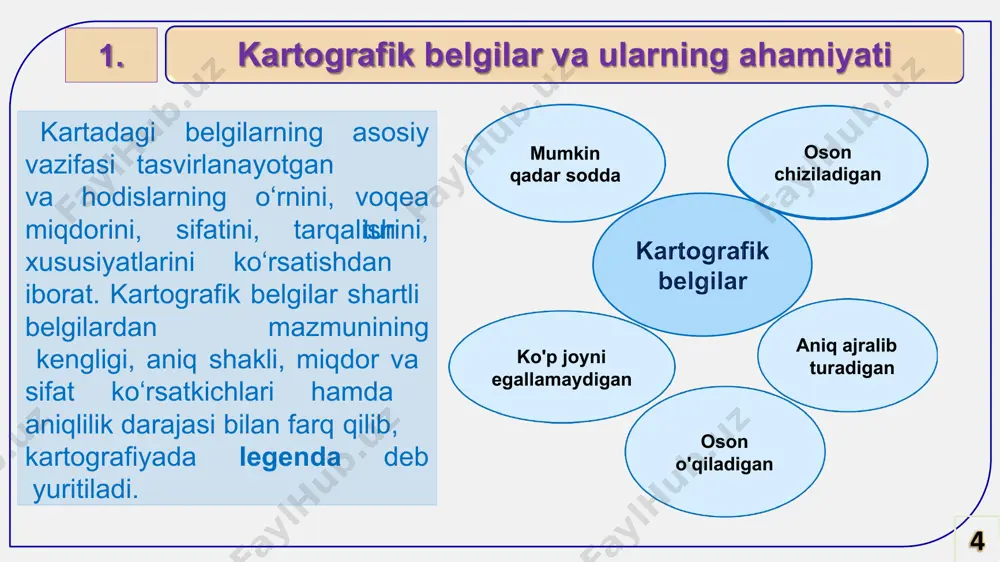 satkichlari tasvirlaydigan chiziqlar masshtab asosida aniq ko‘rsatiladi. harakatdagi chiziqlar usuli ushbu usul voqea va hodisalarning harakat yo‘nalishining sifat ko‘rsatkichlarini tasvirlashda qo‘llaniladi. bu usuldan ko‘proq tabiiy, harbiy va tarixiy kartalarda foydalaniladi. har xil tasvirlash usullarini qo'shib tasvirlash tabiiy va ijtimoiy-iqtisodiy kompleks kartalar tuzishda bir necha xil usul, oddiy kartalarda esa deyarli bir xil usullar ishlatiladi. usullarni birga qo‘shib ishlatish kartaning maqsad va mazmuniga bog‘liqdir. karta tuzishda ikki yoki uch usul qo‘shib ishlatilsa, yaxshi natija beradi. lekin kartaning o‘qilishi susayishi mumkin, ammo tasvirlangan voqea- hodisalarning mazmunini boyitadi. masalan, belgilar, chiziqli belgilar va sifatli rang usullari qo‘shilib qo‘llanilsa, yaxshi natija beradi. hatto belgilar ba'zan bir-biriga xalaqit berishi ham mumkin. natijada kartaning o‘qilishi qiyinlashadi. 3. har xil tasvirlash usullarini qo'shib tasvirlash agar belgilar va chiziqli belgilar kichikroq va rangi xiraroq qilib tasvirlansa, sifatli rang usulida tasvirlangan ob'ektlar shuning orasida uchun qolib, o‘qilmay qoladi. sifatli rang usulini ishlatishda ochroq ranglar tanlanadi. belgilar usuli kartodiagramma bilan …