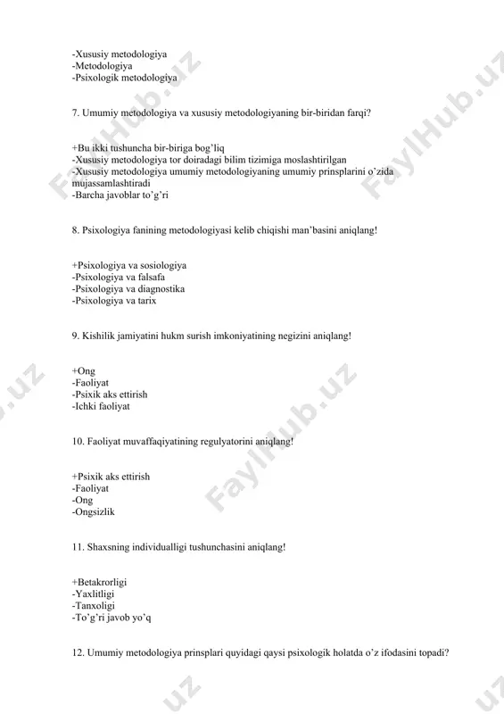 chasini aniqlang! +betakrorligi -yaxlitligi -tanxoligi -to’g’ri javob yo’q 12. umumiy metodologiya prinsplari quyidagi qaysi psixologik holatda o’z ifodasini topadi? +individul faoliyatni egallashda shaxsda obyektiv va ..., ichki imkoniyati ro’yobga chiqishida -metodikalar yoki metodlar majmuasi tariqasida tahlil va ... hukm surishini belgilaydi -a va b javoblar to’g’ri -metadologik asoslanganlik 13. faoliyatni hamkorlik deya tushunish shaxslararo kommunikasiyani vujudga kelish jarayonida ... ? +individul faoliyatni egallashda shaxsda obyektiv va subyektiv ichki imkoniyatlar ro’yobga chiqadi -umumiy metodologik prinsplar o’z ifodasini topadi -qonuniyatlar yuzaga keladi -barcha javoblar to’g’ri 14. hozirgi zamon psixologiyasida tadqiqotning o’ziga xos qirralarini va qiyofalarini ochishish uchun ... ? +u ma’lum ko’lamdagi empirik ma’lumotlarni umumlashtirgan holda fan predmetiga yoyishga yo’naltiriladi -individul faoliyatni egallashda shaxsda obyektiv va subyektiv ichki imkoniyatlar ro’yobga chiqishiga imkon beradi -a va b javoblar to’g’ri -to’g’ri javob yo’q 15. ma’lumotlarni statistik metodlar yordami bilan hisoblab chiqish va ularning negizida umumlashgan xulosalar chiqarish natijasida ...? +u ma’lum ko’lamdagi empirik ma’lumotlarni …