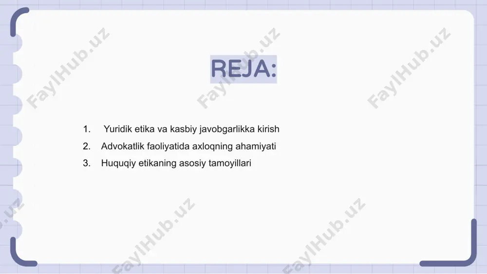 z manfaatlarini o'z manfaatlaridan ustun qo'yib, o'z mijozlariga mustaqillik va sodiqlikni namoyish etishlari kerak. yuridik etikaning ushbu asosiy tamoyillariga rioya qilish advokatlik kasbining yaxlitligi va ishonchliligini saqlashda hal qiluvchi ahamiyatga ega. ushbu tamoyillarni qo'llab-quvvatlagan holda, advokatlar o'z mijozlari va jamoatchilikning huquq tizimiga bo'lgan ishonchini qo'llab-quvvatlaydilar. 4. yuridik amaliyotdagi axloqiy masalalar yuridik amaliyotdagi axloqiy masalalar advokatlik kasbining halolligi va obro'sini himoya qilishning muhim jihati hisoblanadi. advokatlar manfaatlar to'qnashuvi va mijozning maxfiyligini saqlash kabi murakkab dilemmalarni hal qilishlari kerak. mijozlar advokatlarga o'z ishlarini ko'rib chiqishda axloqiy va mas'uliyat bilan harakat qilishlariga ishonishadi. har qanday axloq qoidalarini buzish jiddiy oqibatlarga olib kelishi mumkin, jumladan, kasbiy huquqbuzarlik uchun ayblovlar va advokatning obro'siga putur etkazishi mumkin. yuridik mutaxassislar o'z mijozlari va jamoatchilikning ishonchi va ishonchini ta'minlash uchun eng yuqori axloqiy me'yorlarga rioya qilishlari kerak. huquq tizimining yaxlitligini saqlashda axloqiy xulq-atvor muhim ahamiyatga ega. 5. huquqiy sohada kasbiy javobgarlik huquqiy sohada professional mas'uliyat mijozlar bilan halollik …