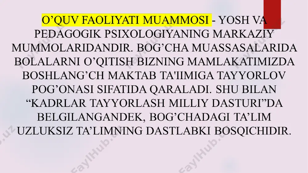 tidir. shunday qilib, xorij va rus psixologlari maktabgacha ta’lim muassasalarida beriladigan ta’limga katta e’tibor beradilar. o’quv faoliyati shakllanishining dastlabki xususiyatiari hayotning dastlabki uch yilida bola onasi yoki boshqa kishilar masalan, tarbiyachi dasturi bo'yicha emas, balki go'yoki o’zining dasturi bo'yicha o'qiydi. bu davrda bolaning u yoki bu bilim va ko'nikmalarining o’zlasht rilish muhlatiga alohida talablar qo’yilmaydi. ilk bolalik davrida tarbiya dasturi hali sub’ektiv tarzda bola uchun mavjud emas. sistematik o'qishga layoqatli botgunga qadar u tayyorlov bosqichini bosib o'tadi bu bosqichda chetdagi boshqa kishiiaming bolaga nisbatan yangi talablari asta sekin uning “o’zining dasturiga” aylanishi lozim. bog'cha yosh davrining oxirlariga boribgina, bola kattalar tomonidan ishlab chiqilgan “dastur bo’yicha” o’qiy boshlaydi va maktab talablariga - asta amal qila boshlaydi. l s. vigotskiyning fikri bo'yicha bog'cha yosh davri ta'lim dasturi: bolani maktab dasturiga yaqinlashtirishi, uning bilim doirasini kengaytirishi, predmetli tatimga tayorlashi; bolani o’zining dasturi botishi, uning qiziqishi va ehtiyojlariga javob berishi lozim. pedagog va psixologlaming …
