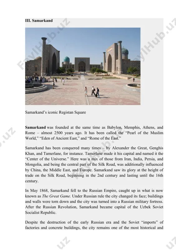 a mixture of old and new tashkent, or at least the region around it, has been home to humans for over 3,000 years. there is no written record of a settlement, however until arabs took control of the area in the 8th century a.d. and the city flourished with trade along the silk route. the arabs remained in control until the arrival of ghengis khan in the 13th century. by this time it had already become one of the largest and most influential cities in central asia. with the fall of ghengis khan, the city passed to the control of tamerlain. by 1449, tamerlain’s great empire fell into anarchy, and the city eventually came under the control of the khanate of kokhand. by 1865, russian forces controlled the city and made it the capital of russian turkistan. when the central soviet government broke turkistan up into several regions, tashkent replaced …