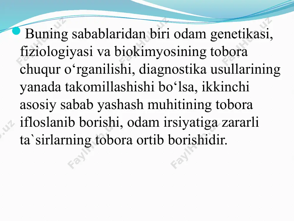 ko‘proq biriktiruvchi to‘qimalar hujayralaridan (fibroblastlar) va qon limfotsitlaridan foydalaniladi. sun`iy o’stirish va klonlashtirish usullari juda kam sonli hujayralardan sitogenetik va biokimyoviy tadqiqotlar uchun yetarli miqdorda hujayralarni to‘plashga imkon beradi. har xil tipdagi hujayralarni birlashtirishga asoslangan duragaylash usulida hujayralar birga sun`iy o‘stiriladi. duragaylashni har xil turlar, sinflar, tiplar doirasida o‘tkazish mumkin. bikimyoviy usul bu bitta usul bo‘lmay, balki klinik biokimyoda qo‘llaniladigan, irsiy kasalliklarni aniqlash uchun foydalansa bo‘ladigan xilma-xil usullardir. masalan, qonda irsiy gipotireozda, to‘qimalarda qalqonsimon gormonlar miqdorini va irsiy diabetda insulin miqdorini aniqlab tashxis qo‘yish mumkin. hozirgi davrda biokimyoviy usullar mutant genning geterozigot tashuvchilarini aniqlashda va prenatal diagnostikada tobora keng qo‘llanilmoqda. misol tariqasida fku ga biokimyoviy usul bilan tashxis qo‘yishni ko‘rib chiqamiz. bemorda siydik, qon yoki prenatal diagnostikada amniotsentez yordamida va xorion burmalarini biopsiya qilib olingan hujayralar tekshiriladi. geterozigot tashuvchilikni aniqlash uchun qonda fenilalanin miqdori tekshiriladi. normal gomozigotalarga nisbatan geterozigotalarda fenilalanin aminoskislotasining miqdori ancha yuqori bo‘ladi. tekshirilayotgan shaxsga fenilalanin berib, uning …