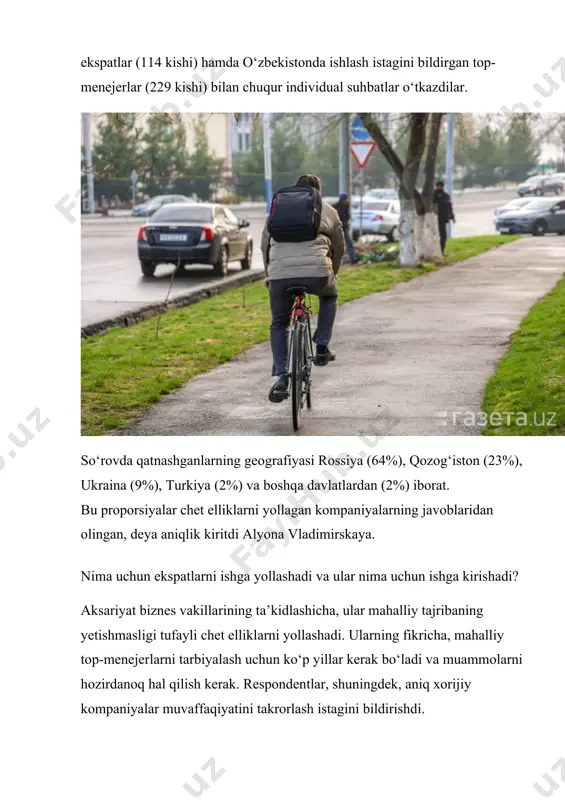 aziga bir xil darajadagi ishni ko‘rsatishlari mumkin”) hamda natija (“muammolar hal etilmasdan qolgan”) borasidagi umidlar o‘zini oqlamaganini norozilikning asosiy sababi sifatida keltirgan. ekspatlar, birinchi navbatda, ish beruvchining ish boshida aytganlari va biznesdagi realliklar o‘rtasidagi nomuvofiqlikdan qoniqmasligini bildirishgan. xorijiy mutaxassislar duch keladigan yana bir muammo — bu “milliy o‘ziga xosliklar”. mazkur jumla ish faoliyatining odatlanilgan yevropa me’yorlariga muvofiq emasligi, biznes jarayonlarining tartibga solinmagani, aksiyadorlar bilan muloqotdagi murakkabliklar va qo‘l ostidagi mahalliy xodimlardagi ijro intizomi, shuningdek, va’da qilingan ish haqini to‘lamaslik kabi ma’nolarni o‘z ichiga oladi. ish beruvchilar va ekspatlar o‘rtasidagi mavjud o‘zaro majburiyatlarning bajarilishidan norozilikni tadqiqotchilar o‘zaro ishonchning yetishmasligi bilan bog‘lashmoqda. yollovchilar ish boshida kiritilgan ma’lumotning noto‘g‘riligi yangi xodimga mavjud muammolarning jiddiyligi va miqyosini anglashga to‘sqinlik qilganini keltirib o‘tishgan. natijada u birinchi yarim yillikda mavjud vazifalarni bajarish o‘rniga ish sifatida qabul qilinmaydigan avvalgi muammolarni bartaraf etish bilan shug‘ullanishga majbur bo‘lgan. ekspatlar o‘z imkoniyatlarini baholashda mubolag‘a qilishadi. o‘z tajribasiga ishonch va xodim …